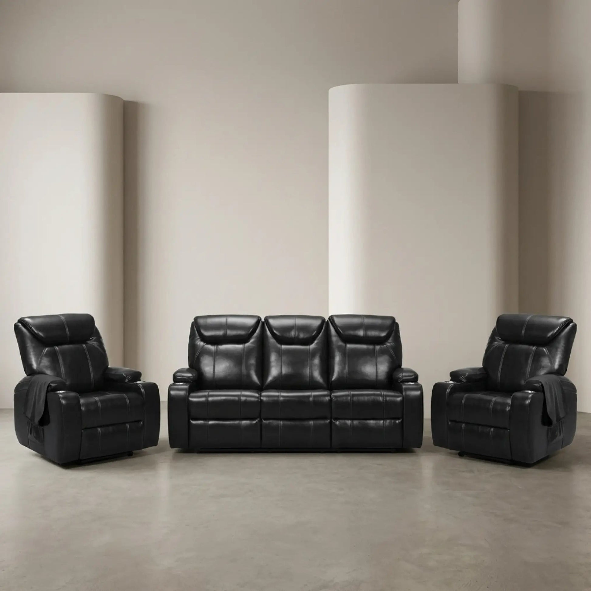 Cinema Black Electric 3+1+1 Seater Leather Recliner Sofa Set With Two Cup Holders - Furniture