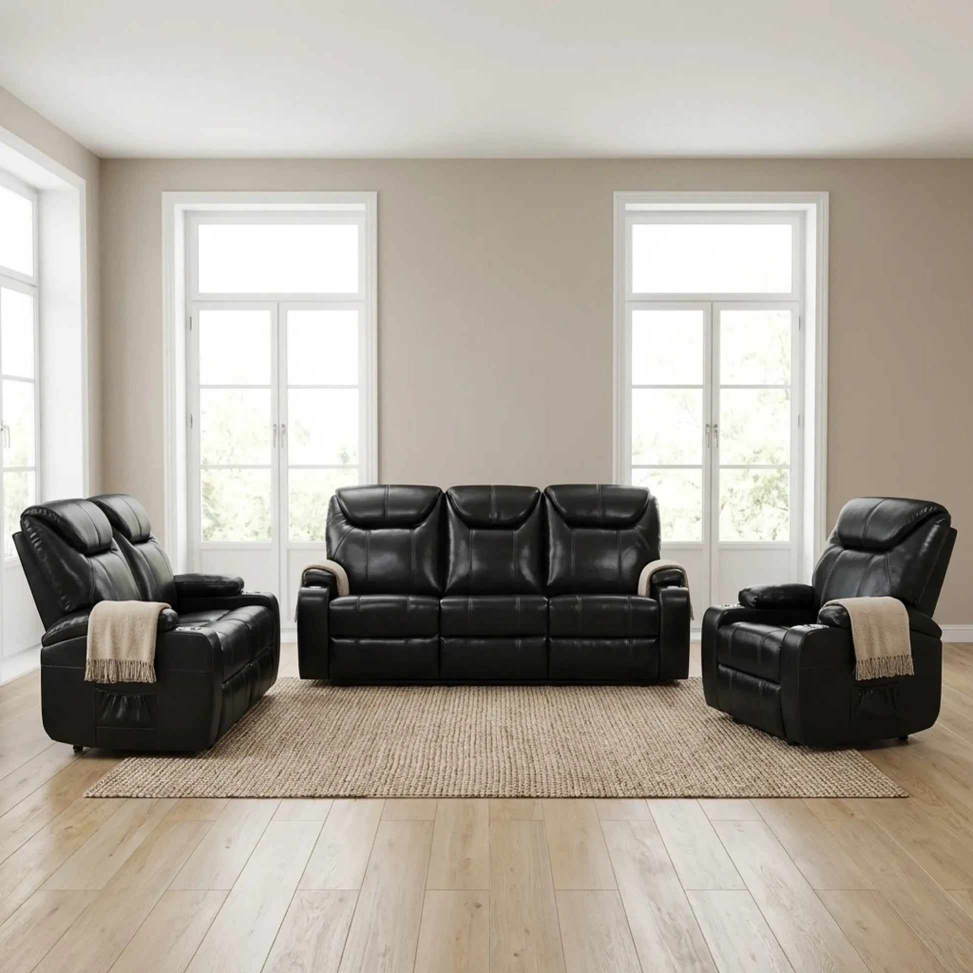 Cinema Black Electric 3+2+1 Seater Leather Recliner Sofa Set With Two Cup Holders - Furniture Instore