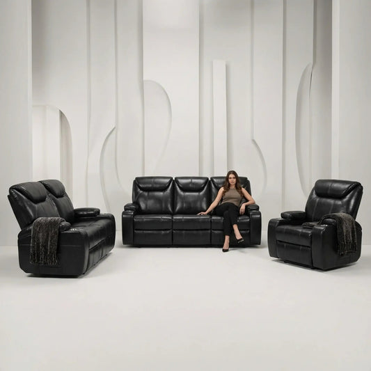 Cinema Black Electric 3+2+1 Seater Leather Recliner Sofa Set With Two Cup Holders - Furniture Instore