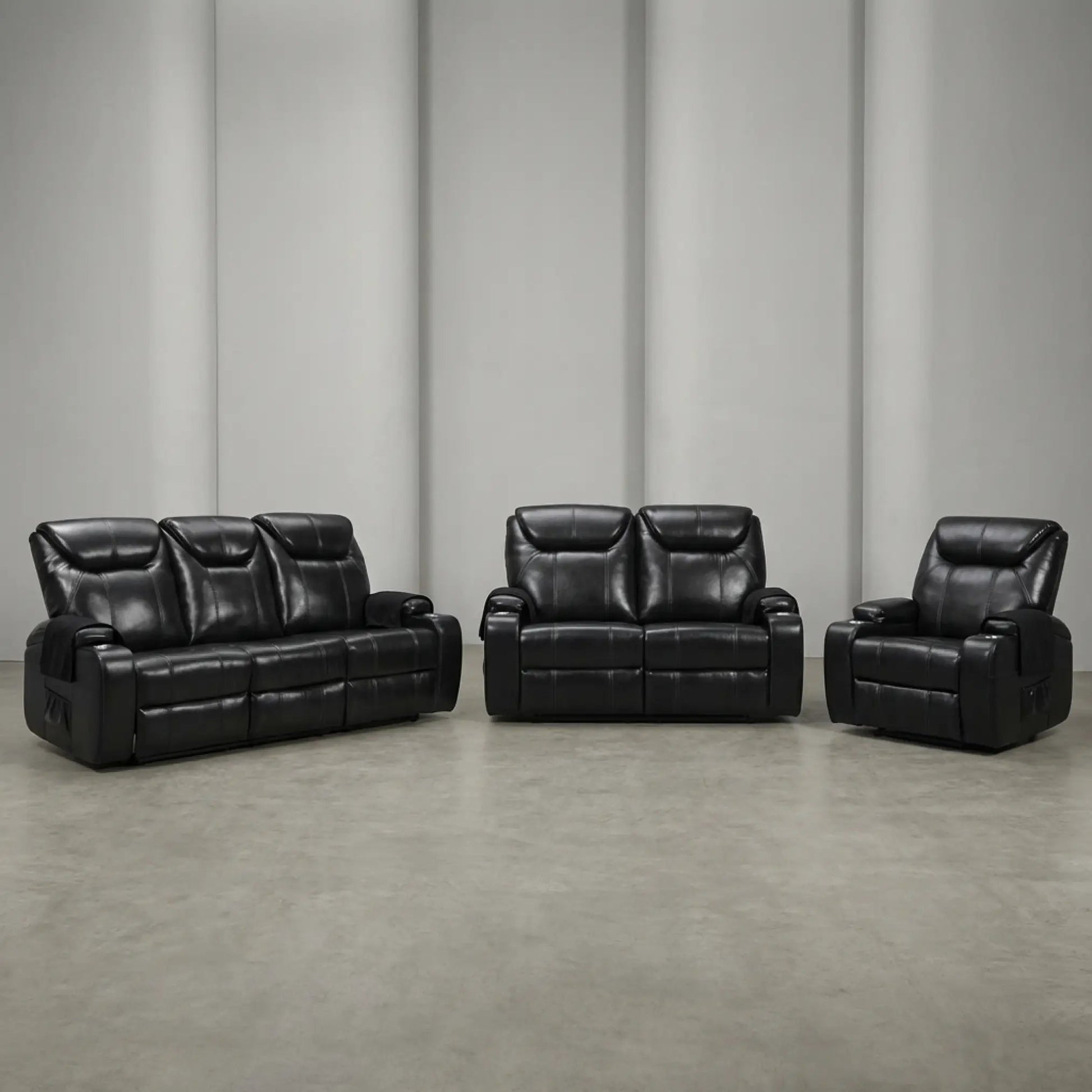 Cinema Black Electric 3+2+1 Seater Leather Recliner Sofa Set With Two Cup Holders - Furniture Instore