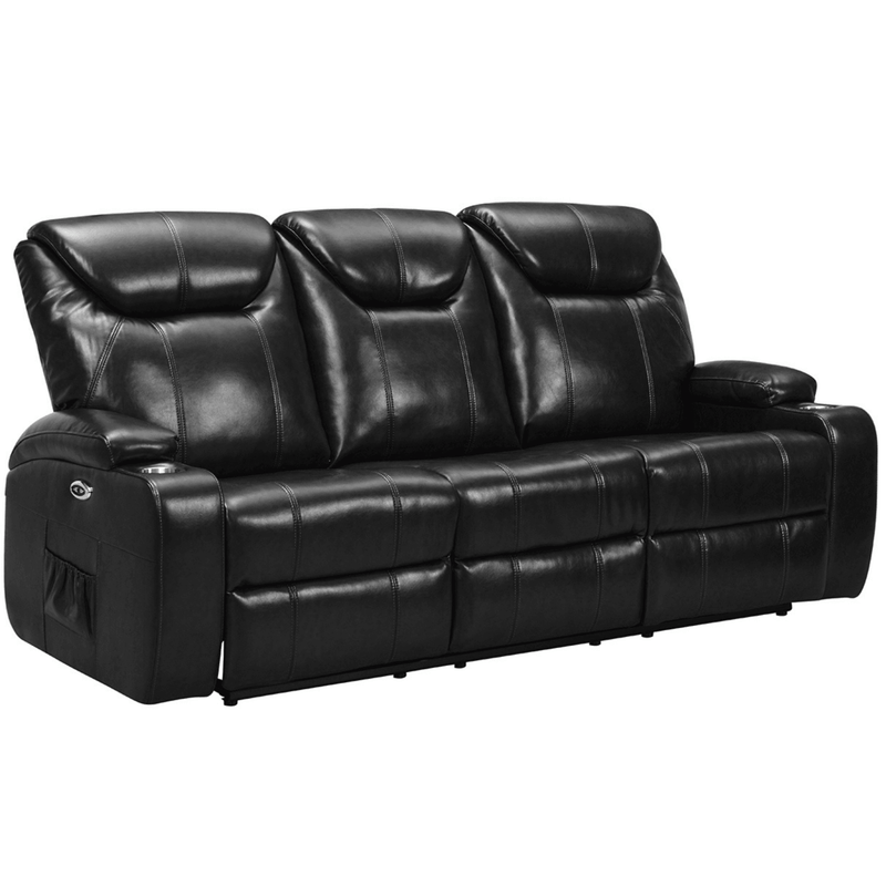 Black leather reclining sofa on a white background