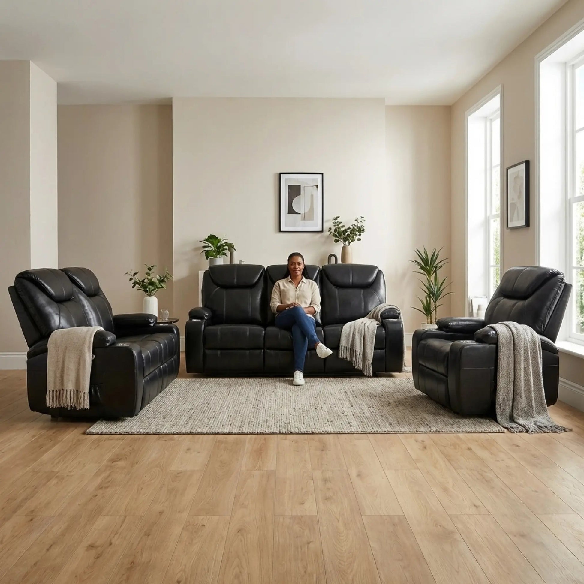 Cinema Black Electric 3+2+1 Seater Leather Recliner Sofa Set With Two Cup Holders - Furniture Instore
