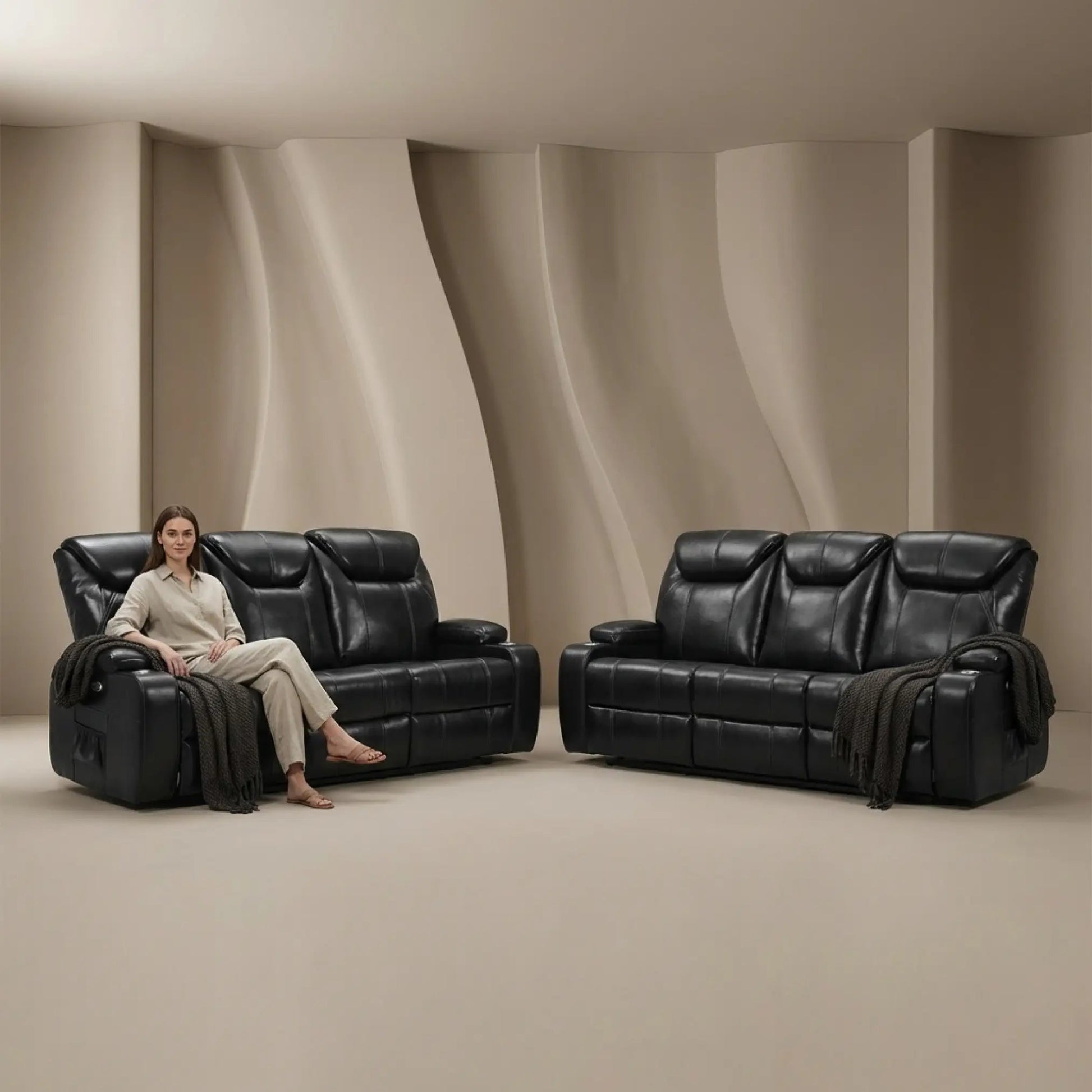 Cinema Black Electric 3+3 Seater Leather Recliner Sofa Set With Two Cup Holders - Furniture Instore