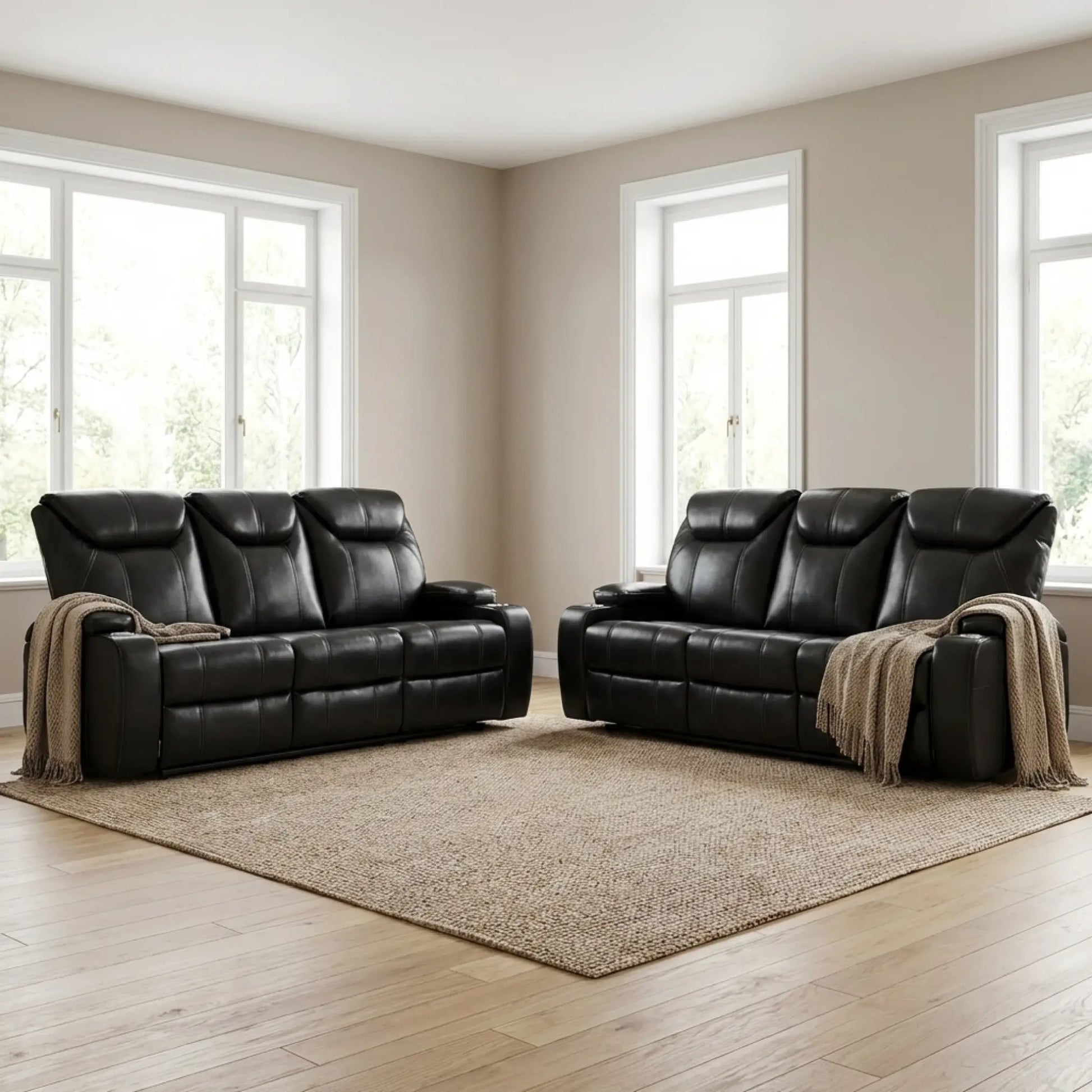 Cinema Black Electric 3+3 Seater Leather Recliner Sofa Set With Two Cup Holders - Furniture Instore