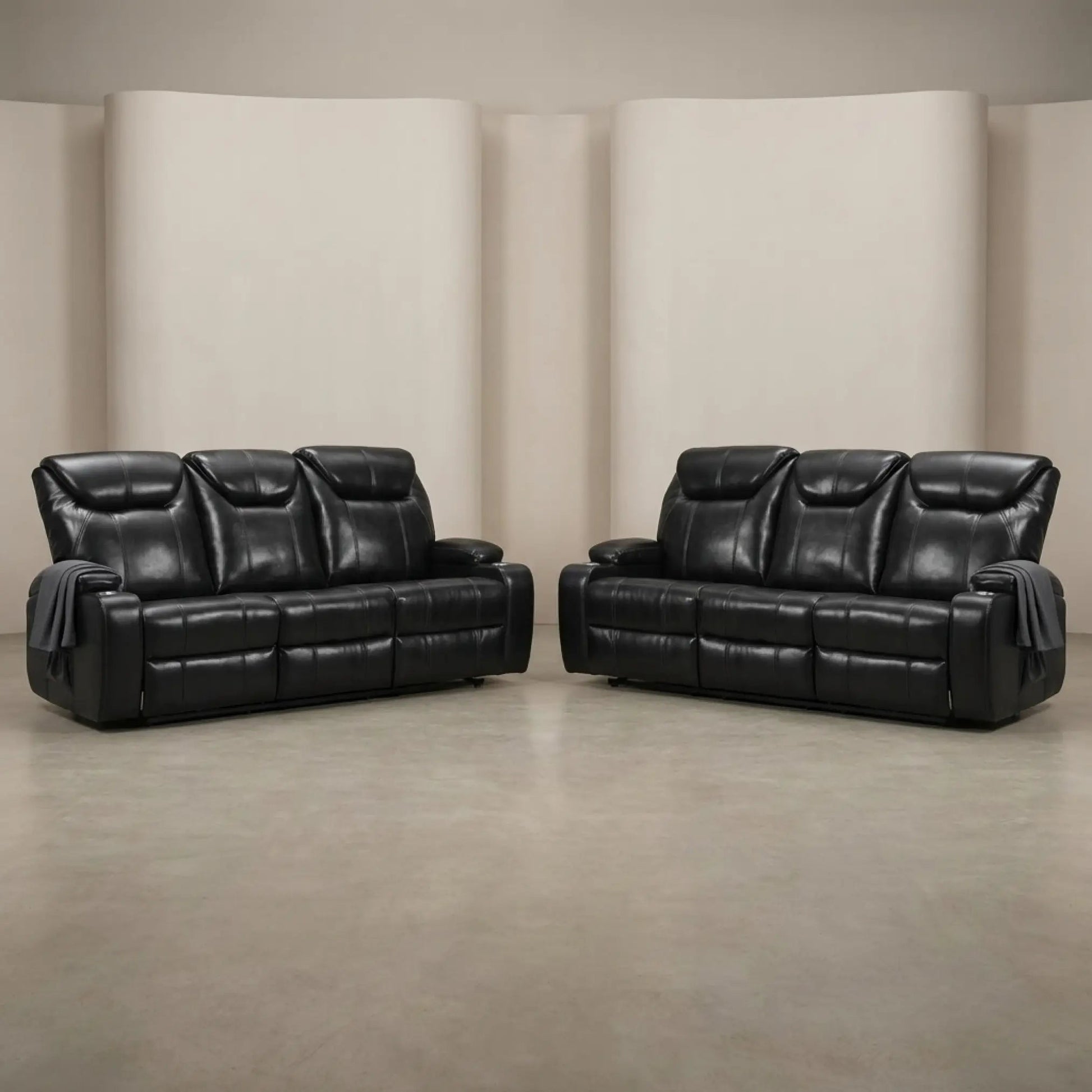 Cinema Black Electric 3+3 Seater Leather Recliner Sofa Set With Two Cup Holders - Furniture Instore