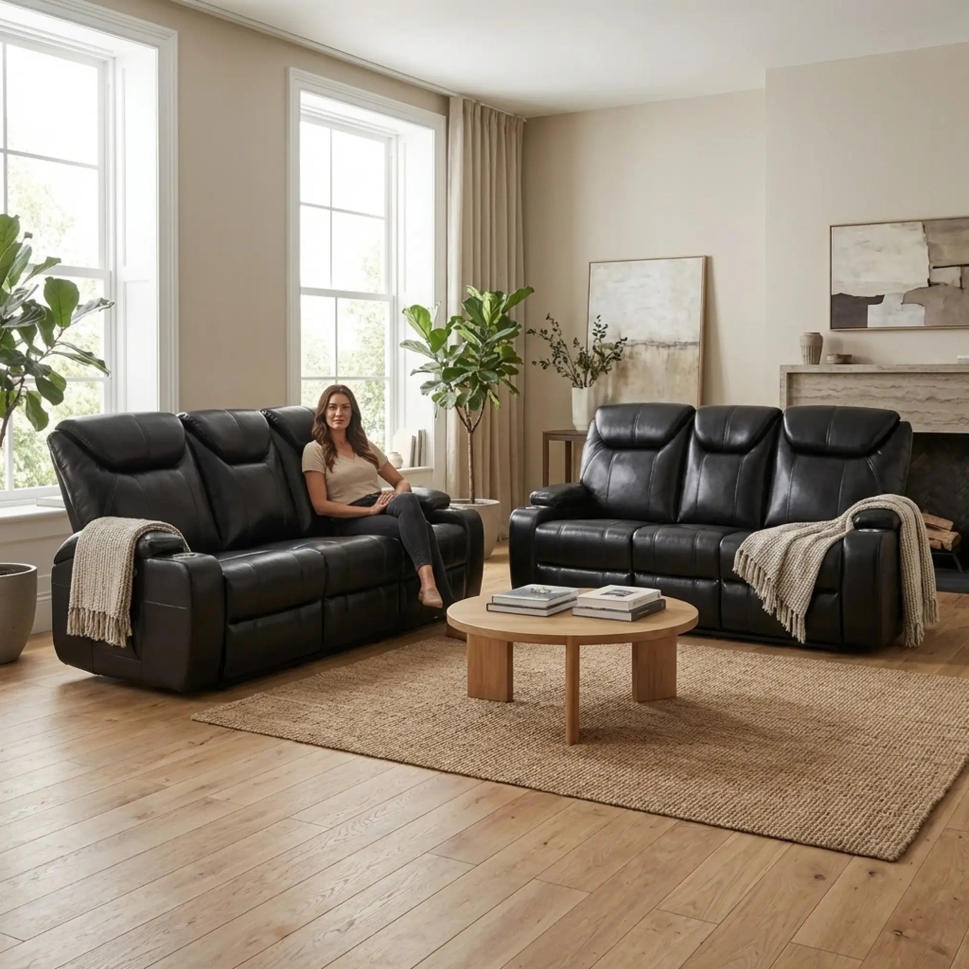 Cinema Black Electric 3+3 Seater Leather Recliner Sofa Set With Two Cup Holders - Furniture Instore