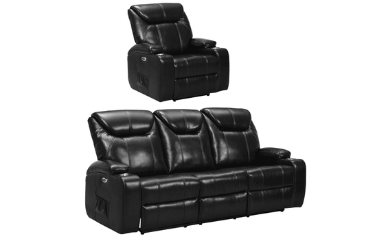 Black leather electric recliner sofa set with 3-seater and single recliner chair (3+1), featuring two built-in cup holders, modern power reclining furniture on white background