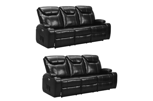Cinema Black Electric 3+3 Seater Leather Recliner Sofa Set With Two Cup Holders