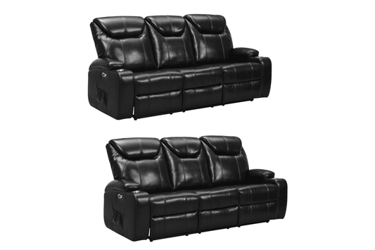 Black leather electric recliner sofa set with two 3-seater power reclining couches (3+3), with two cup holders each, modern living room furniture displayed on white background