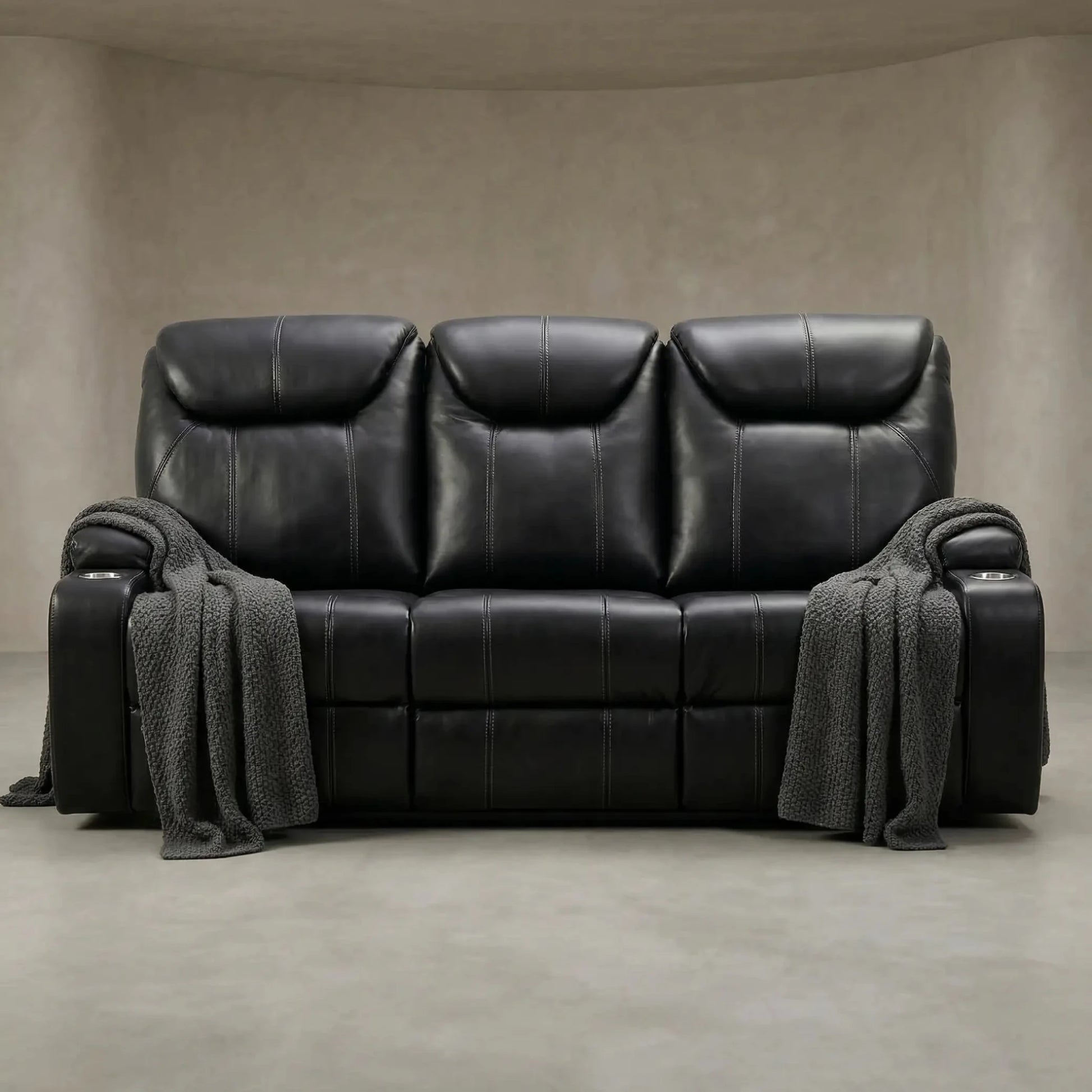 Cinema Black Electric Leather 3 Seater Recliner Sofa With Two Cup Holders - Furniture Instore