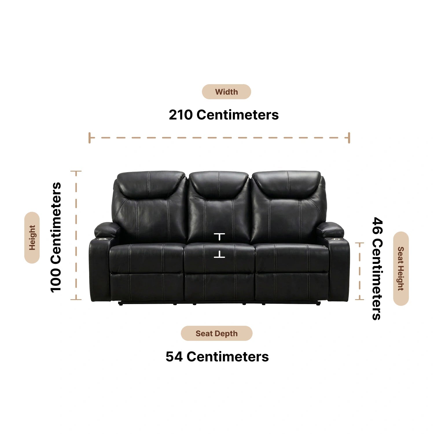 Cinema Black Electric Leather 3 Seater Recliner Sofa With Two Cup Holders - Furniture Instore