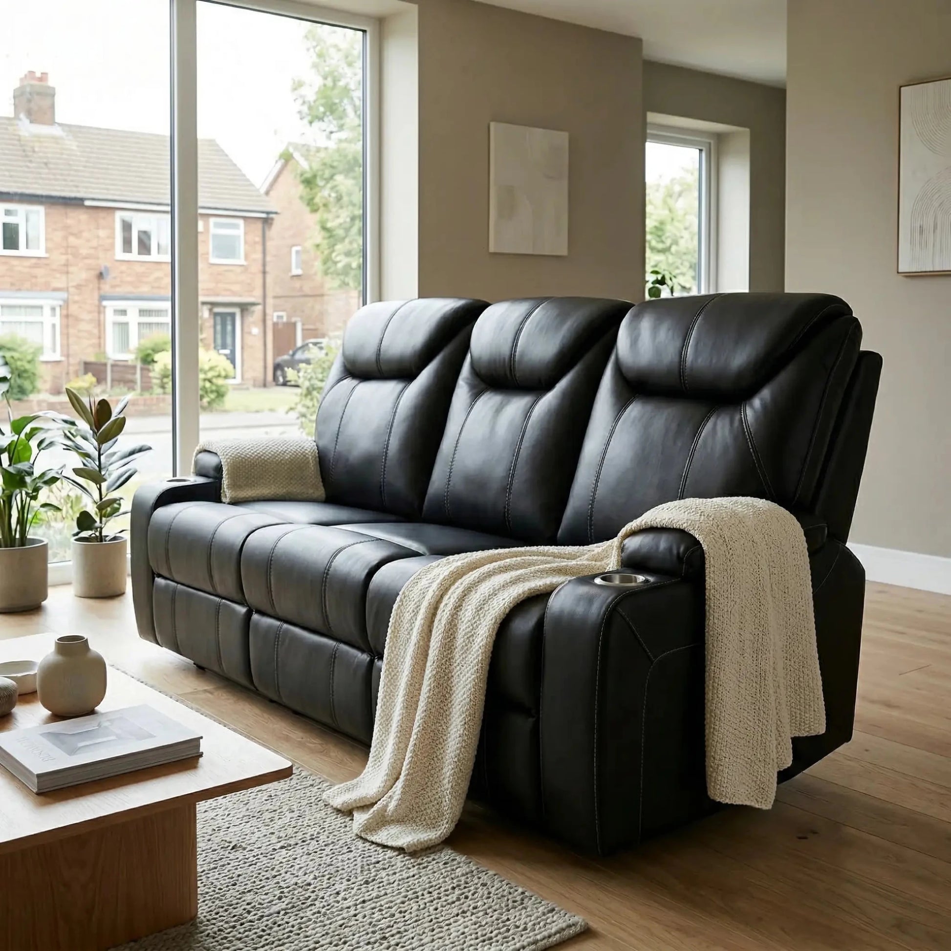Cinema Black Electric Leather 3 Seater Recliner Sofa With Two Cup Holders - Furniture Instore