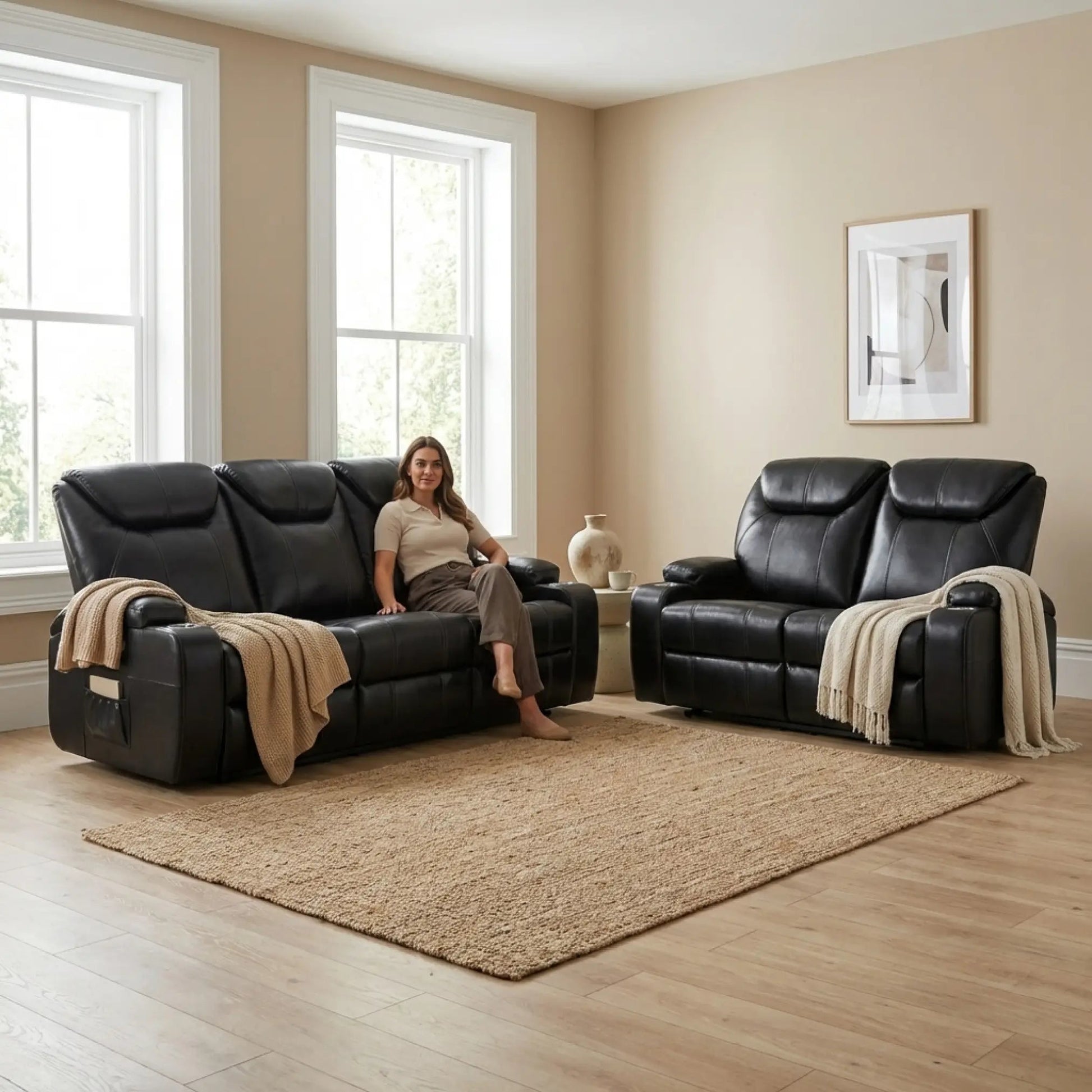 Cinema Black Electric Leather 3+2 Seater Recliner Sofa Set With Two Cup Holders - Furniture Instore
