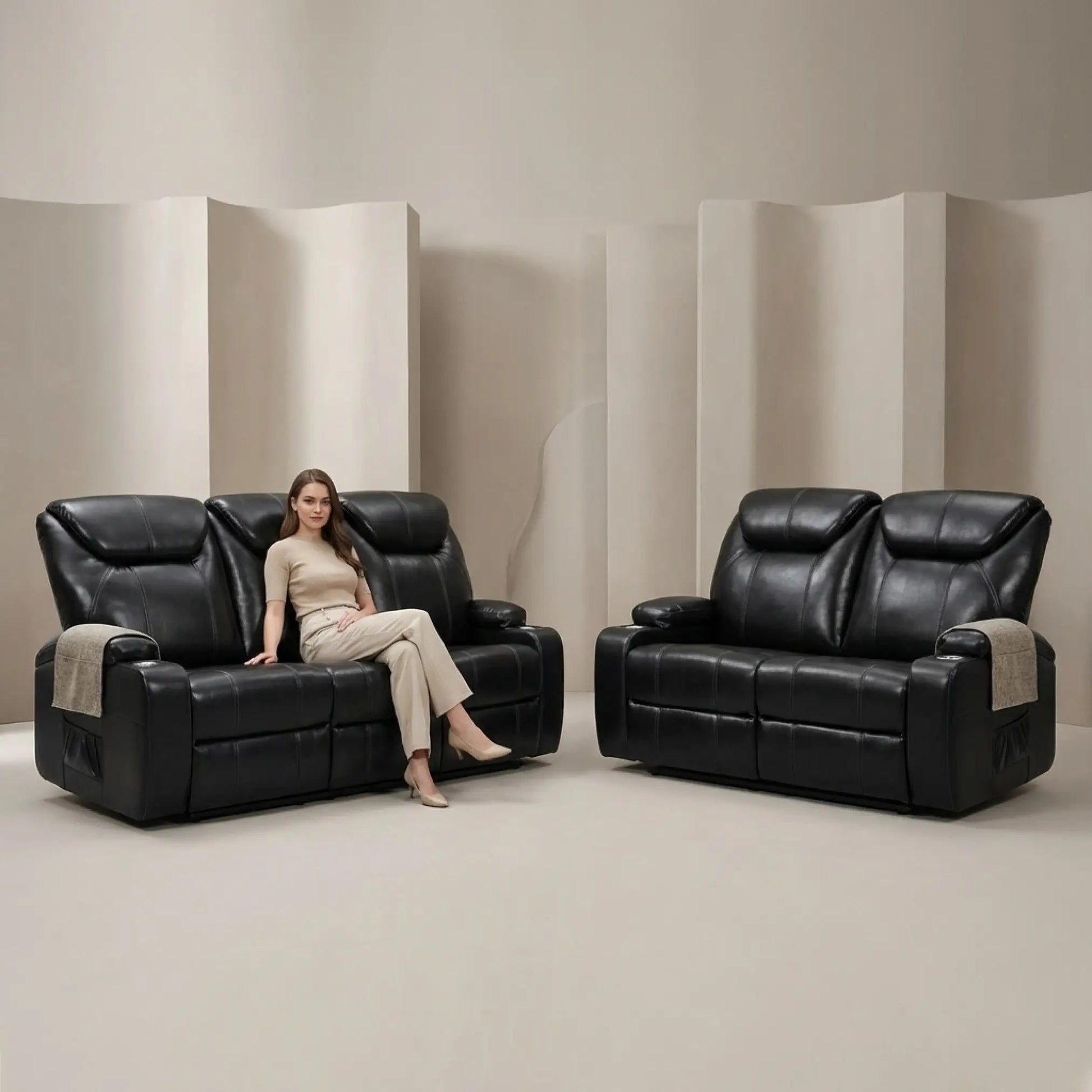 Cinema Black Electric Leather 3+2 Seater Recliner Sofa Set With Two Cup Holders - Furniture Instore