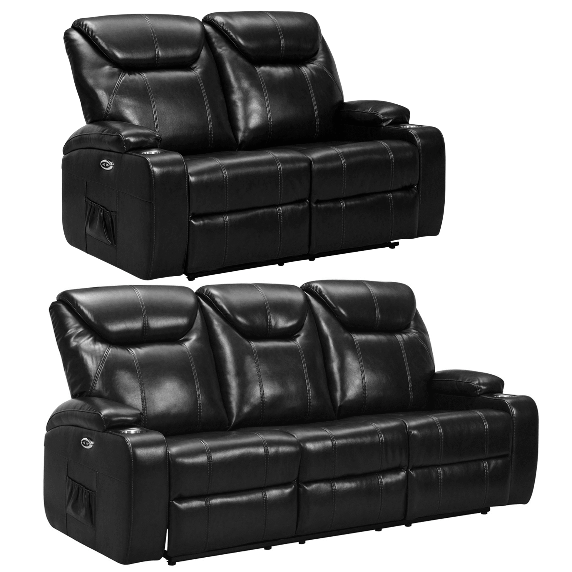 Black leather recliner sofa set on a white background