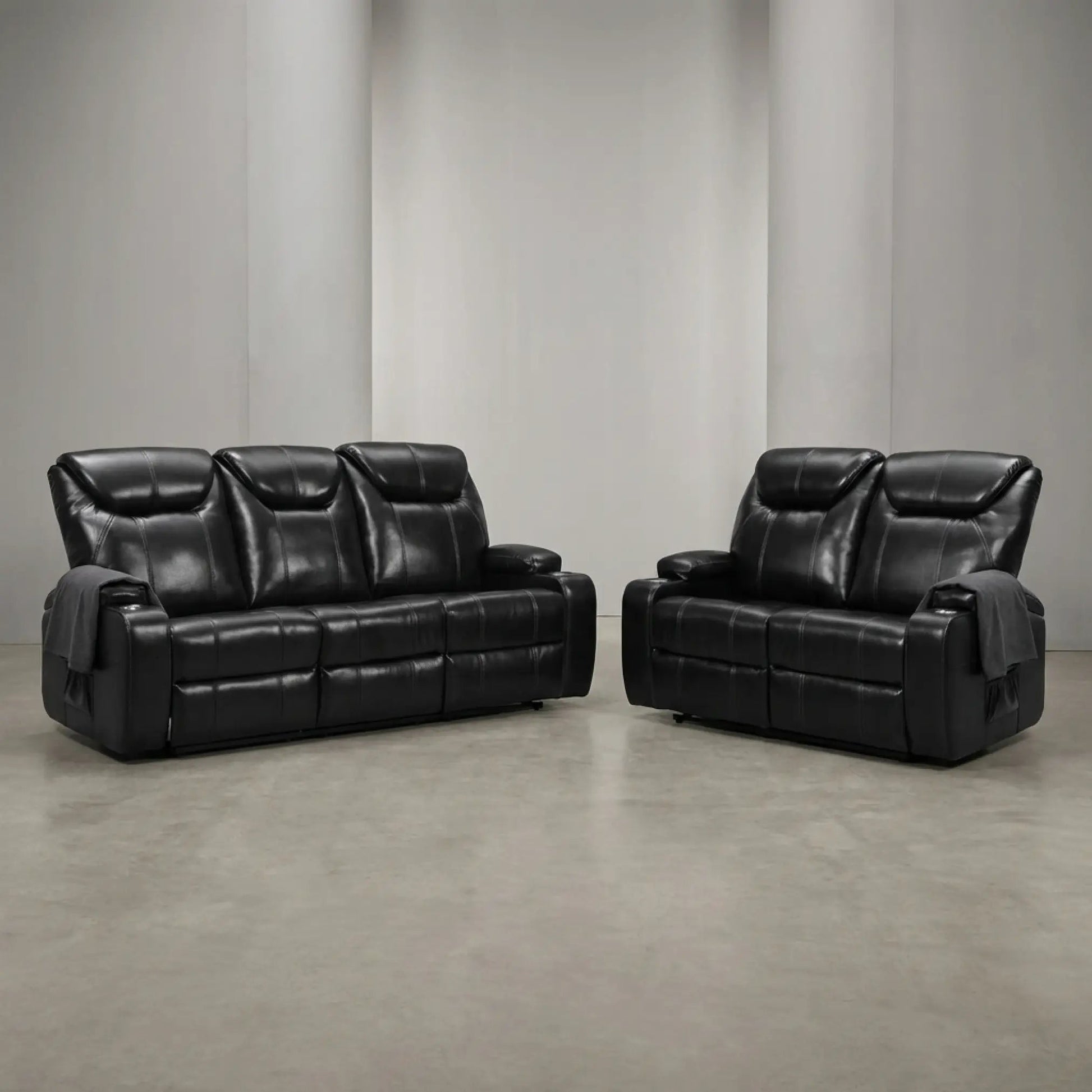 Cinema Black Electric Leather 3+2 Seater Recliner Sofa Set With Two Cup Holders - Furniture Instore