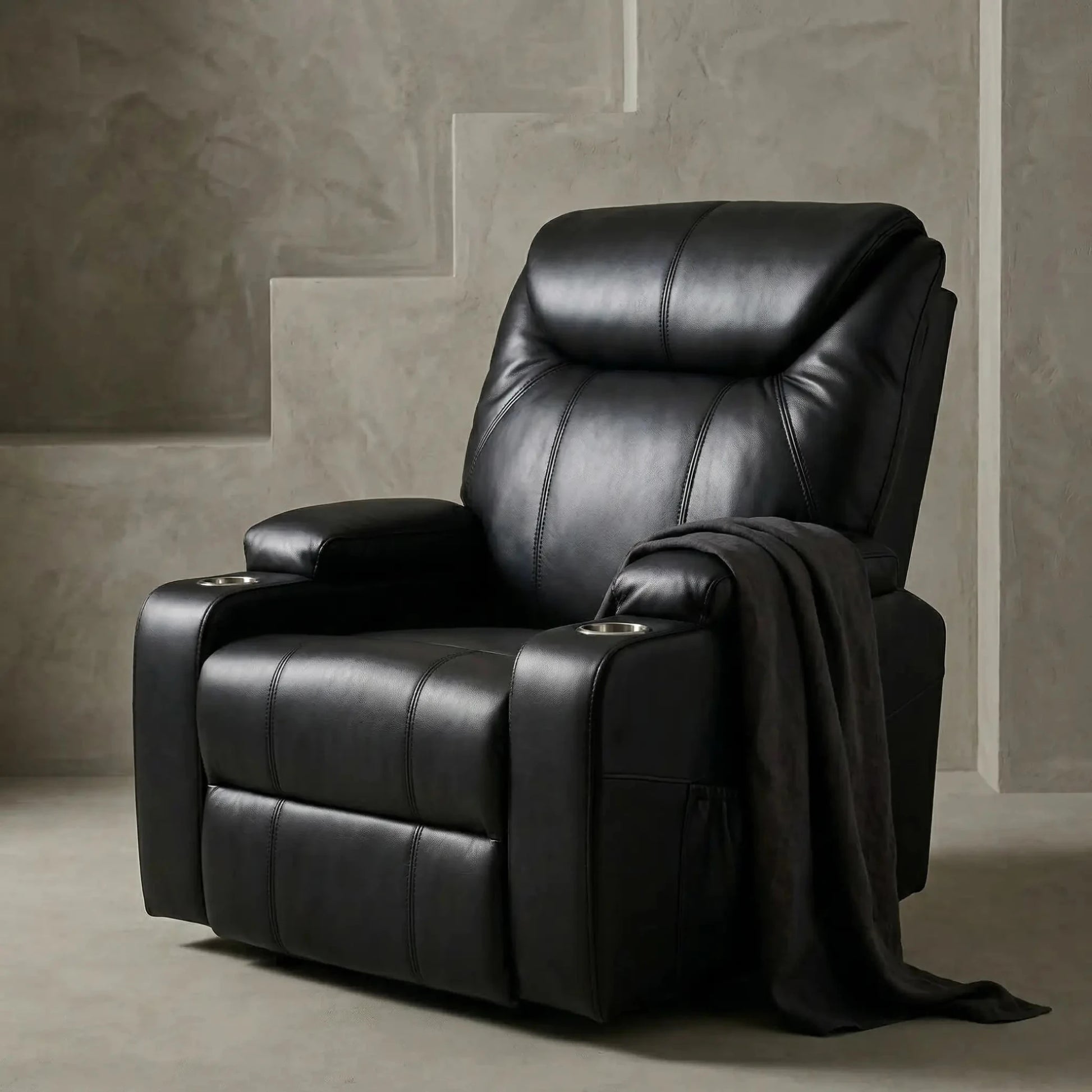 Cinema Black Electric Leather Recliner Armchair With Two Cup Holders - Furniture Instore