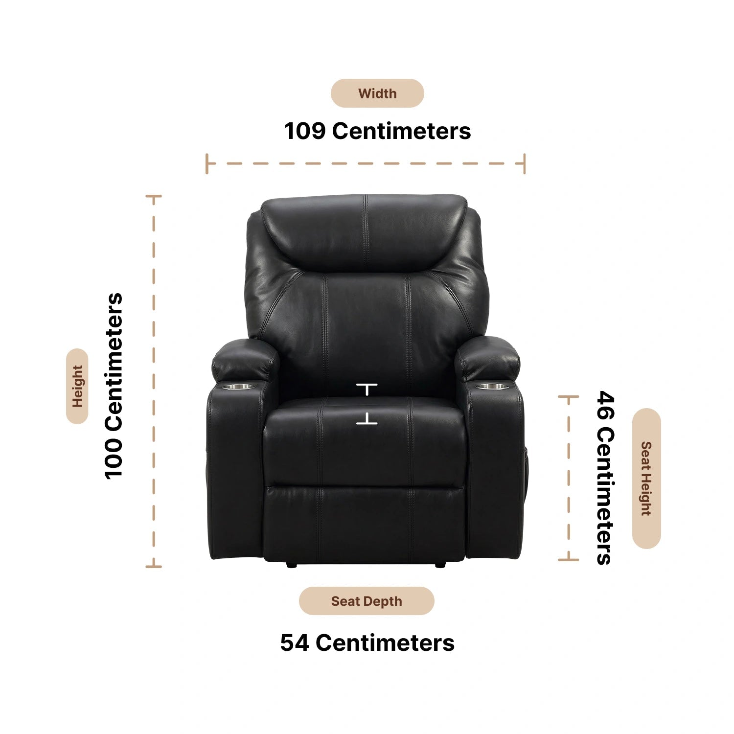 Cinema Black Electric Leather Recliner Armchair With Two Cup Holders Dimensions