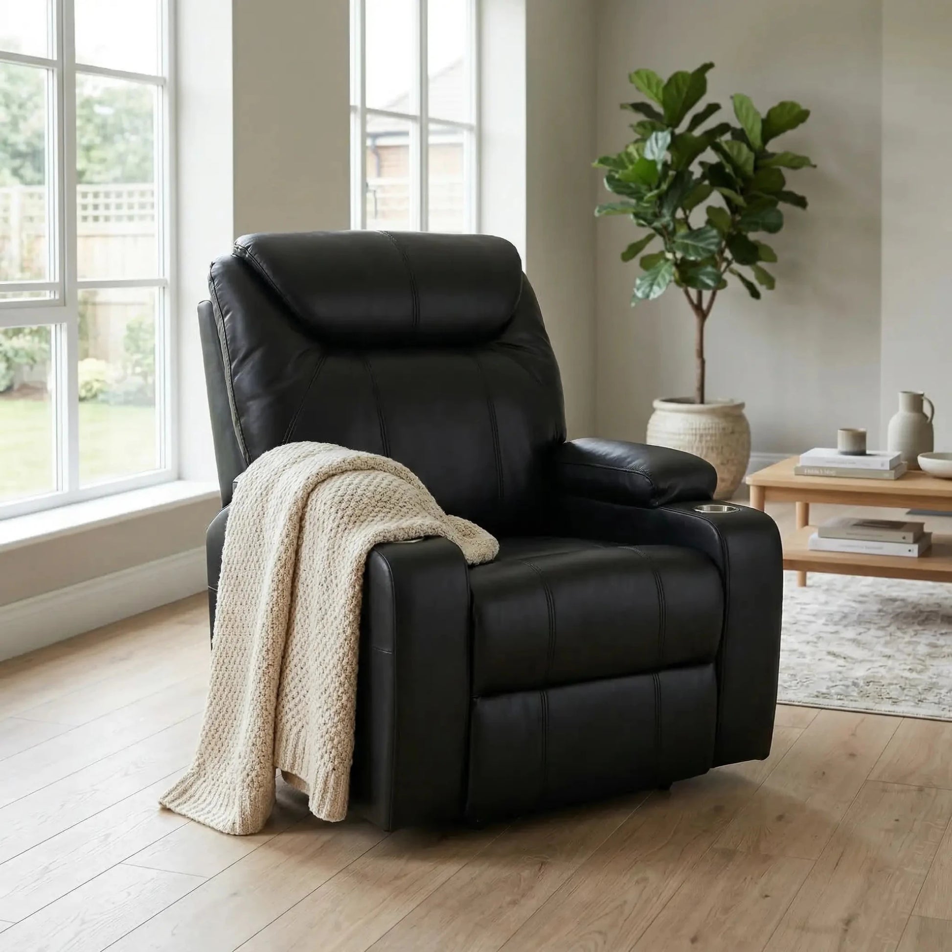 Cinema Black Electric Leather Recliner Armchair With Two Cup Holders - Furniture Instore