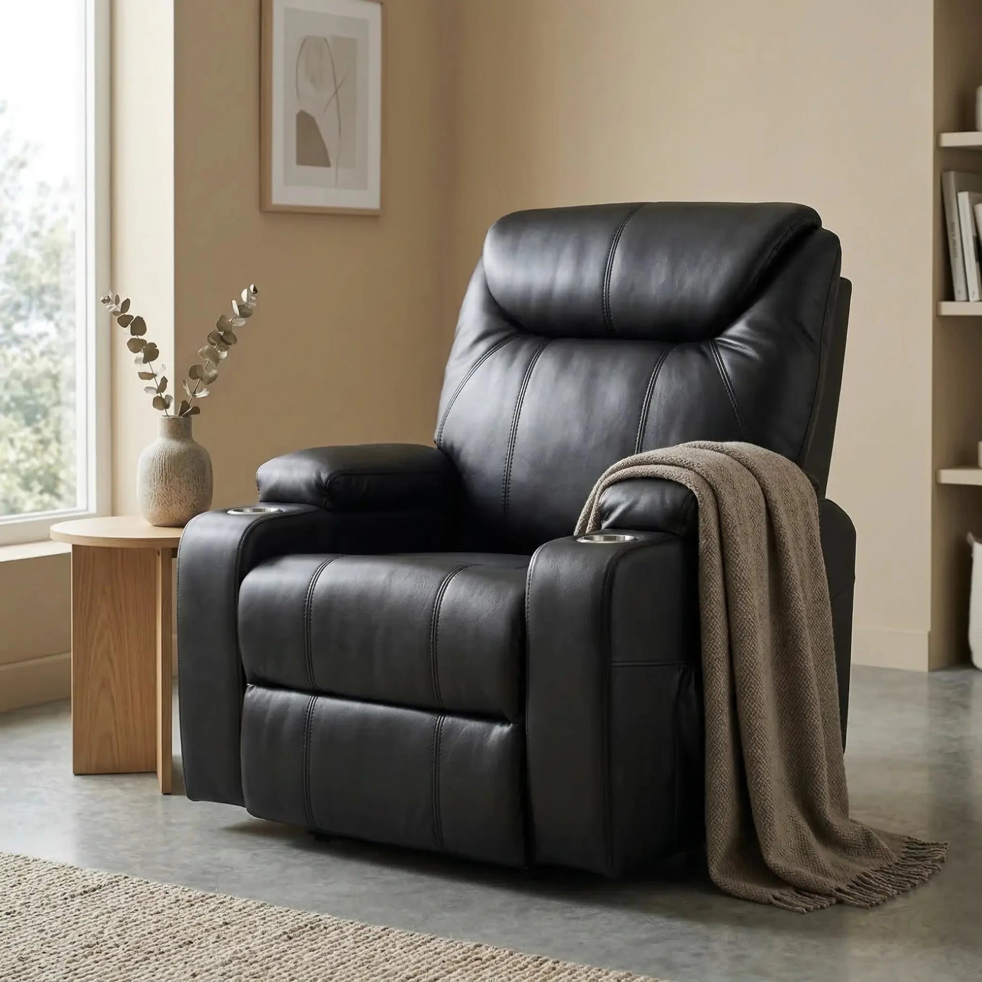 Cinema Black Electric Leather Recliner Armchair With Two Cup Holders - Furniture Instore