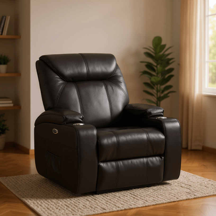 Cinema Black Electric 3+2+1 Seater Leather Recliner Sofa Set With Two Cup Holders - Furniture Instore