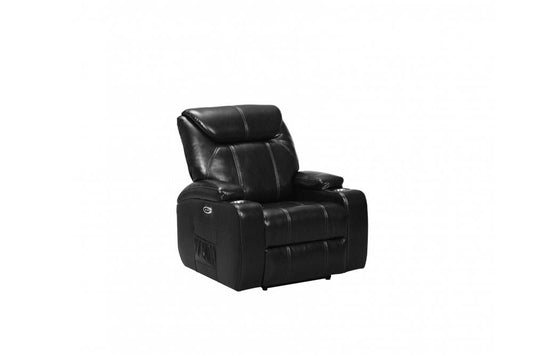 Modern black electric recliner leather armchair with built-in cup holders on white background