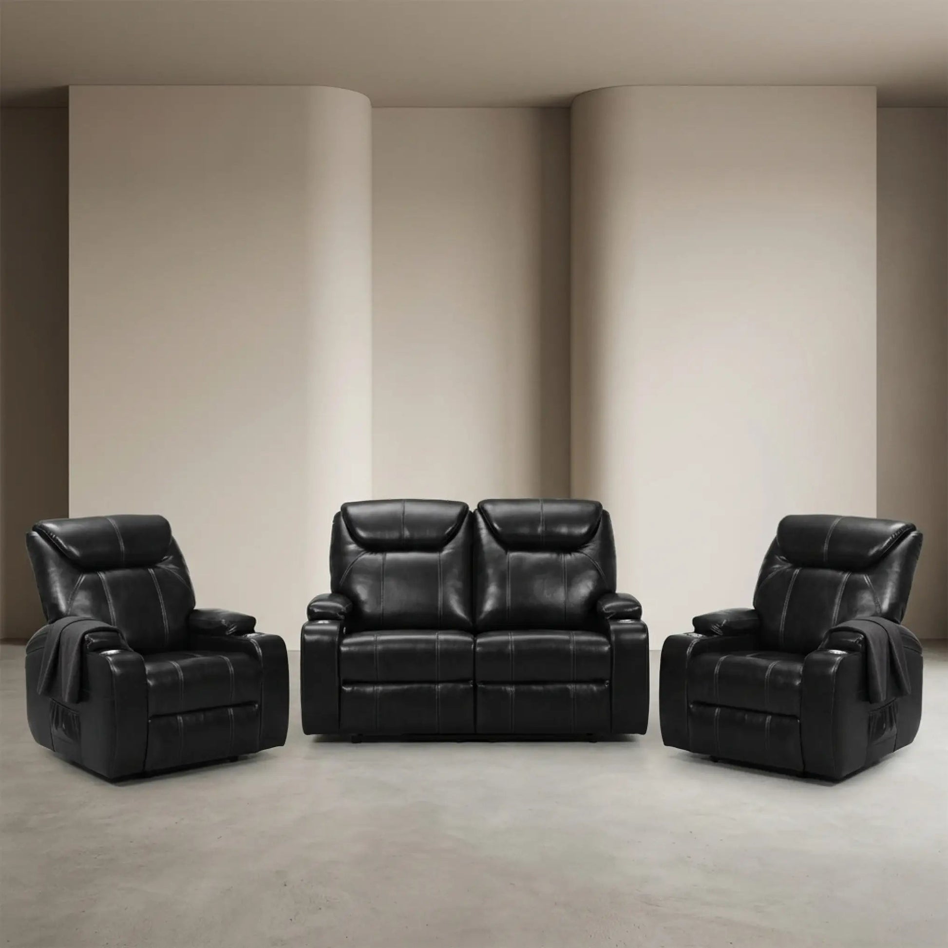 Cinema Black Electric Seater 2+1+1 Leather Recliner Sofa Set With Two Cup Holders - Furniture