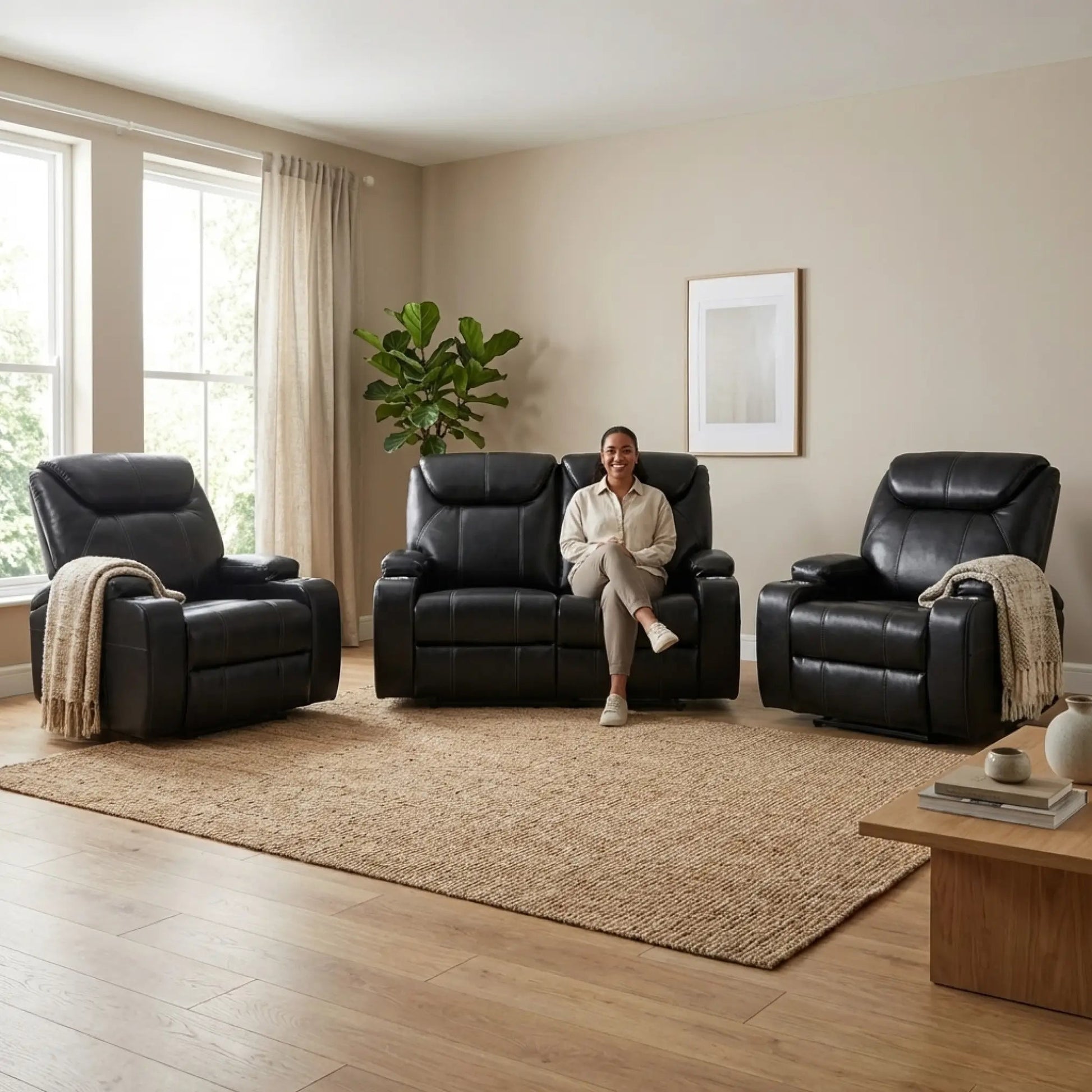 Cinema Black Electric Seater 2+1+1 Leather Recliner Sofa Set With Two Cup Holders - Furniture
