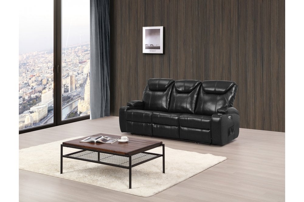 Modern black electric recliner 2-seater leather sofa with built-in cup holders in a modern room setting