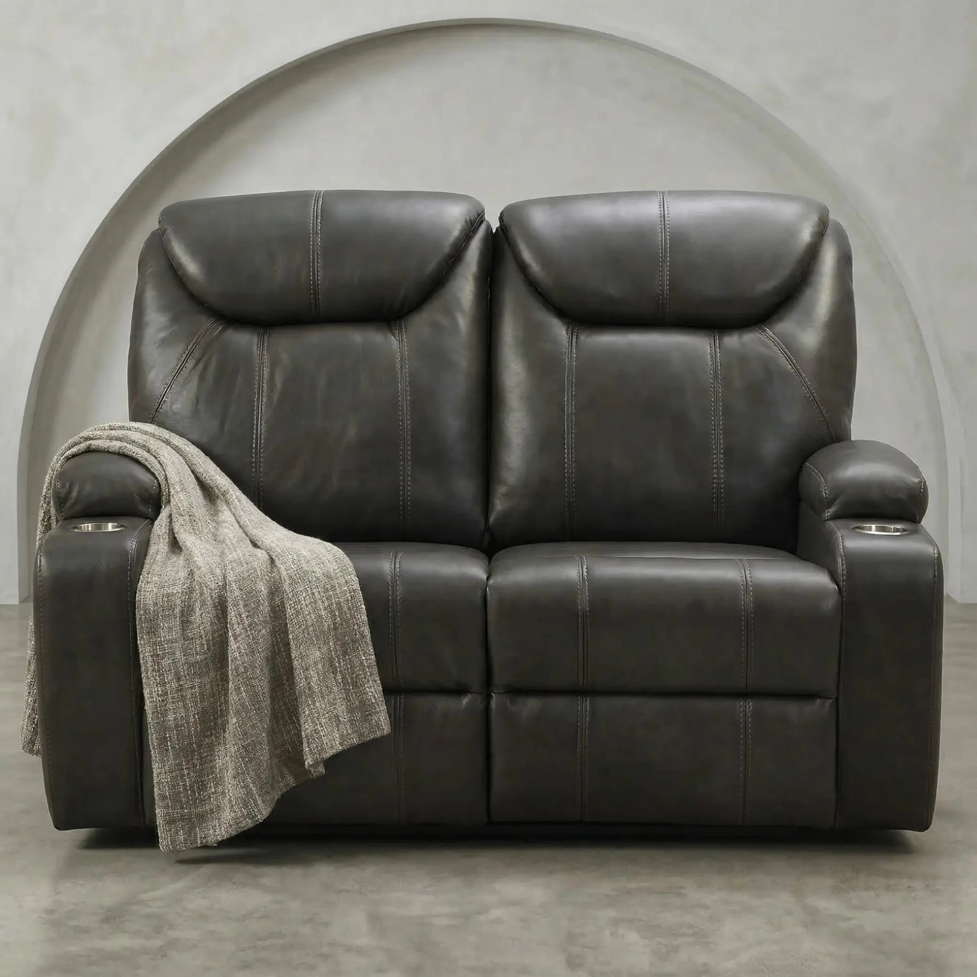 Cinema Grey Electric 2 Seater Leather Recliner Sofa With Two Cup Holders - Furniture Instore