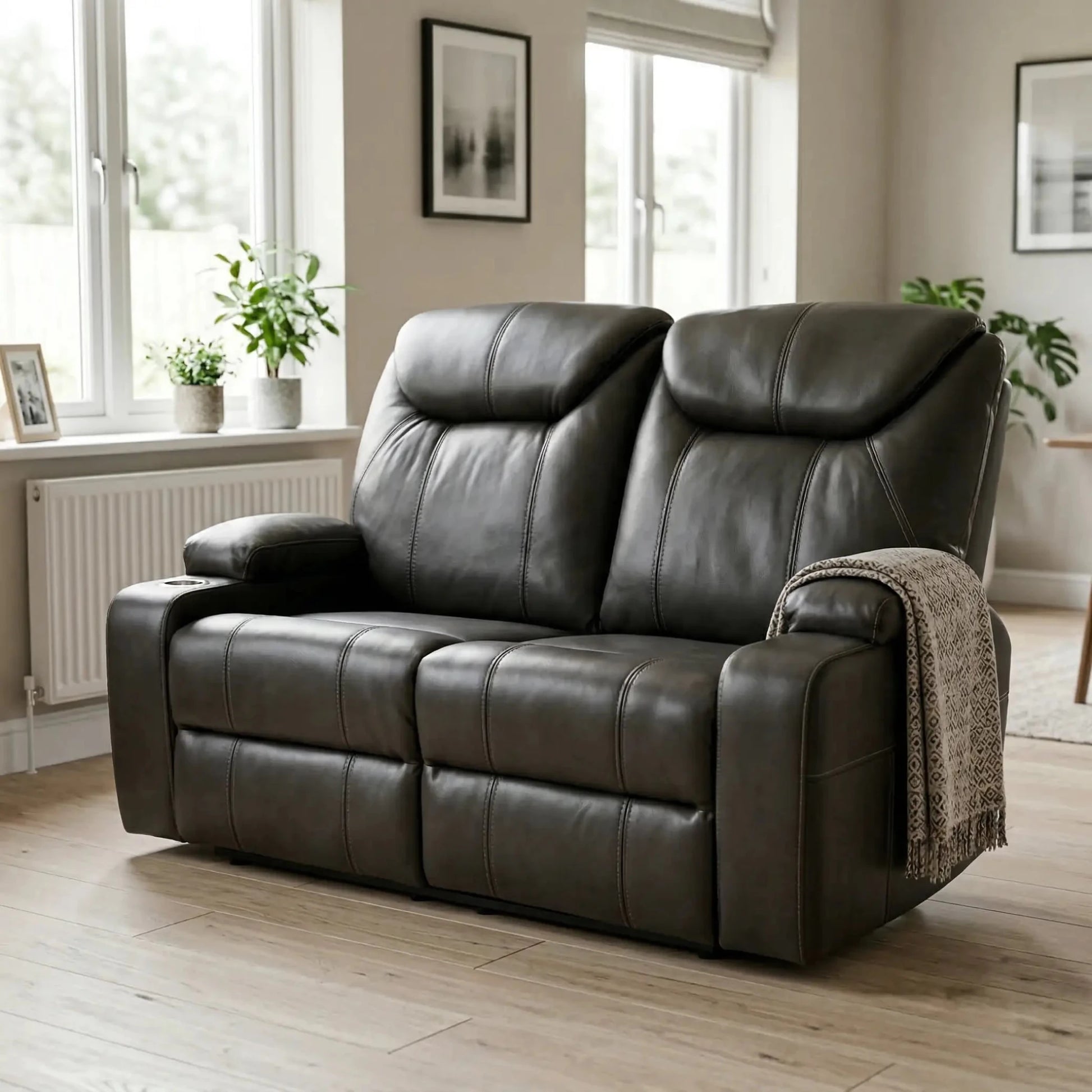 Cinema Grey Electric 2 Seater Leather Recliner Sofa With Two Cup Holders - Furniture Instore