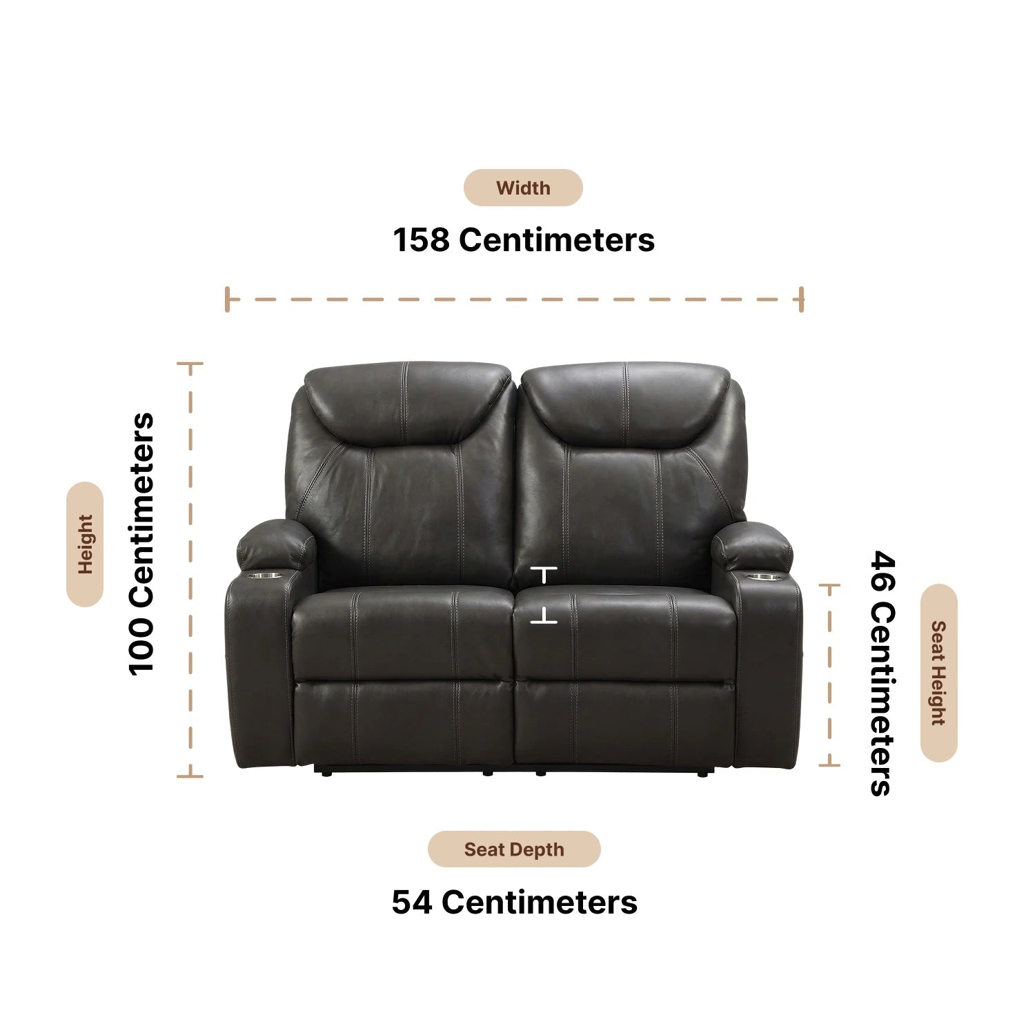 Cinema Grey Electric 2 Seater Leather Recliner Sofa With Two Cup Holders - Furniture Instore