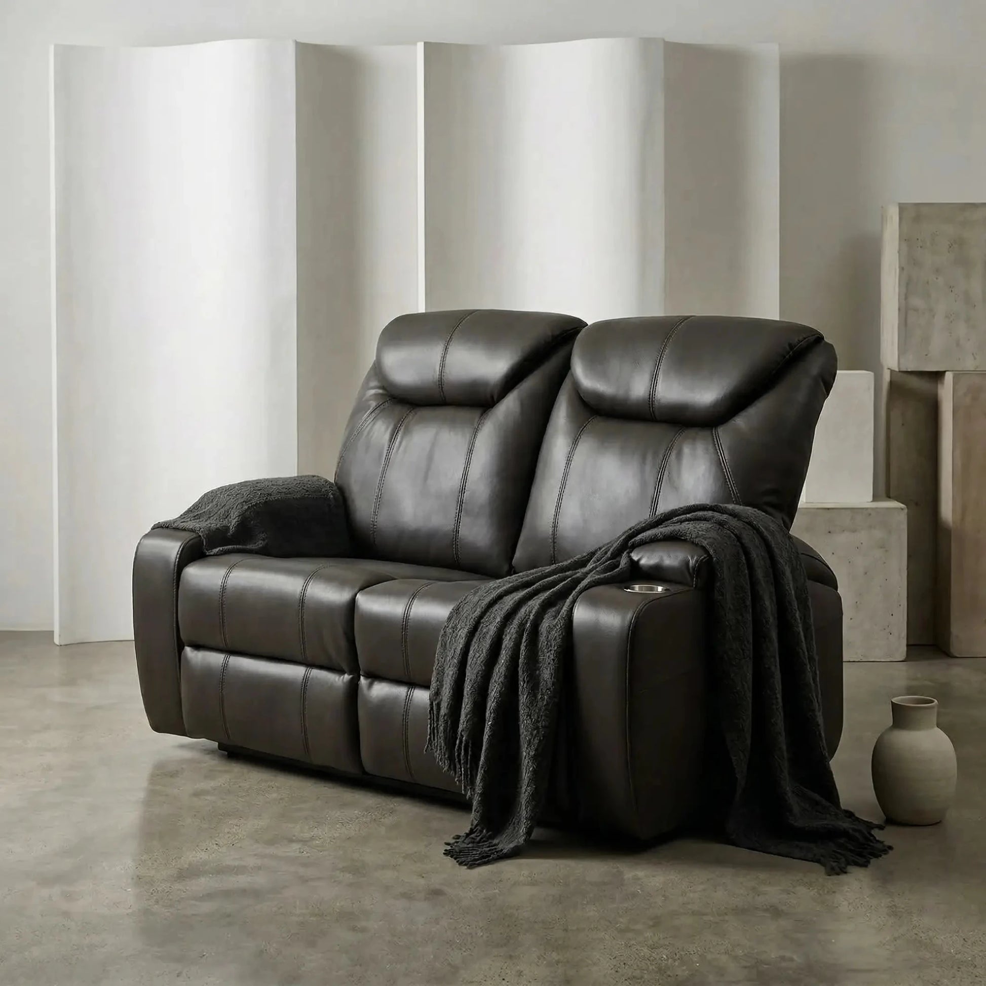 Cinema Grey Electric 2 Seater Leather Recliner Sofa With Two Cup Holders - Furniture Instore