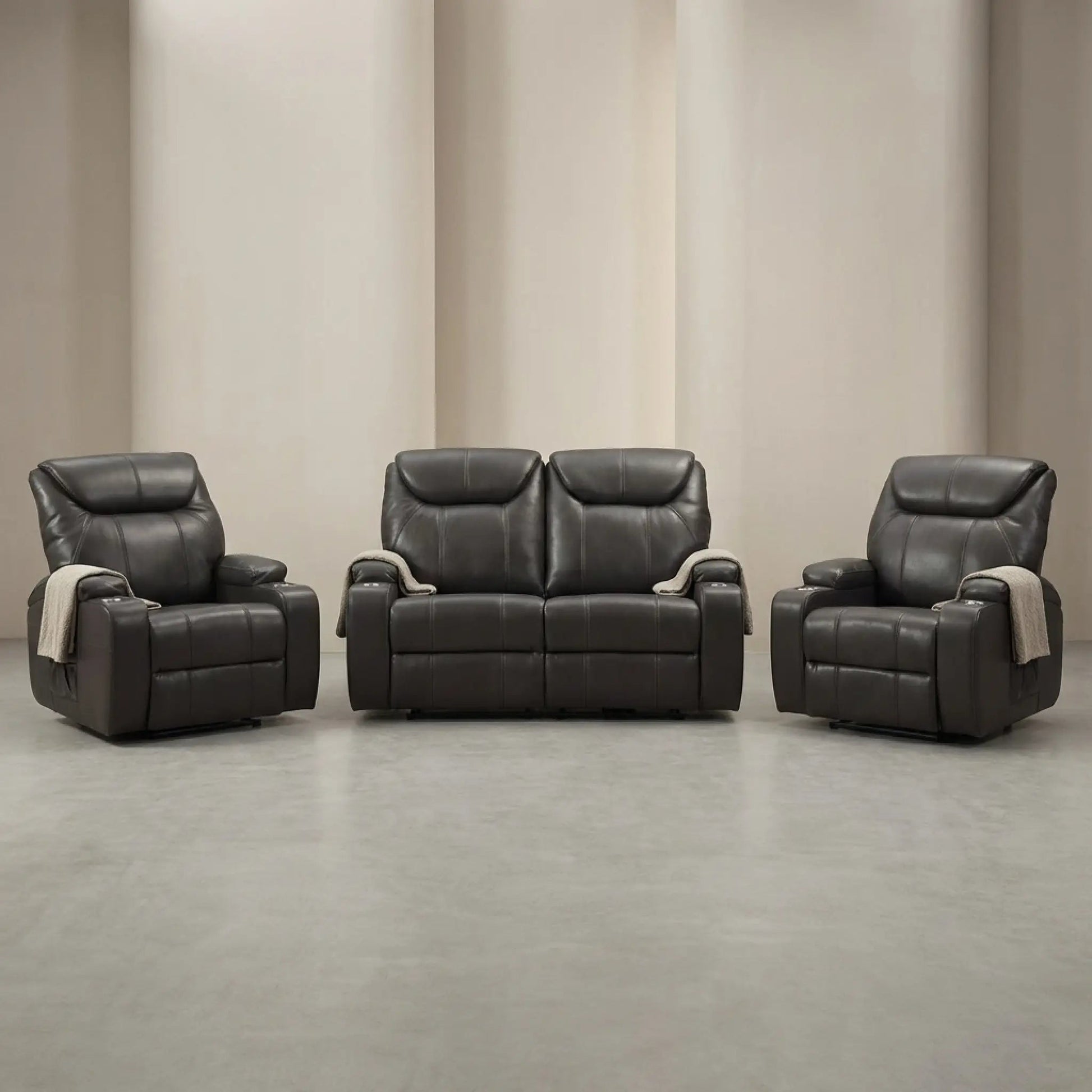 Cinema Grey Electric 2+1+1 Leather Recliner Sofa With Two Cup Holders - Furniture Instore