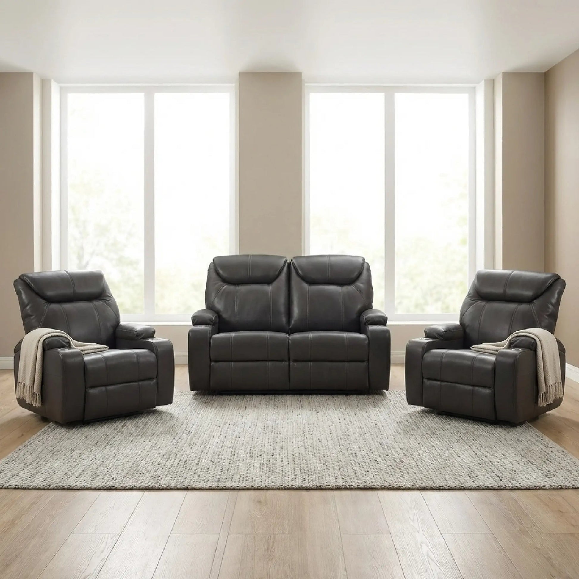 Cinema Grey Electric 2+1+1 Leather Recliner Sofa With Two Cup Holders - Furniture Instore
