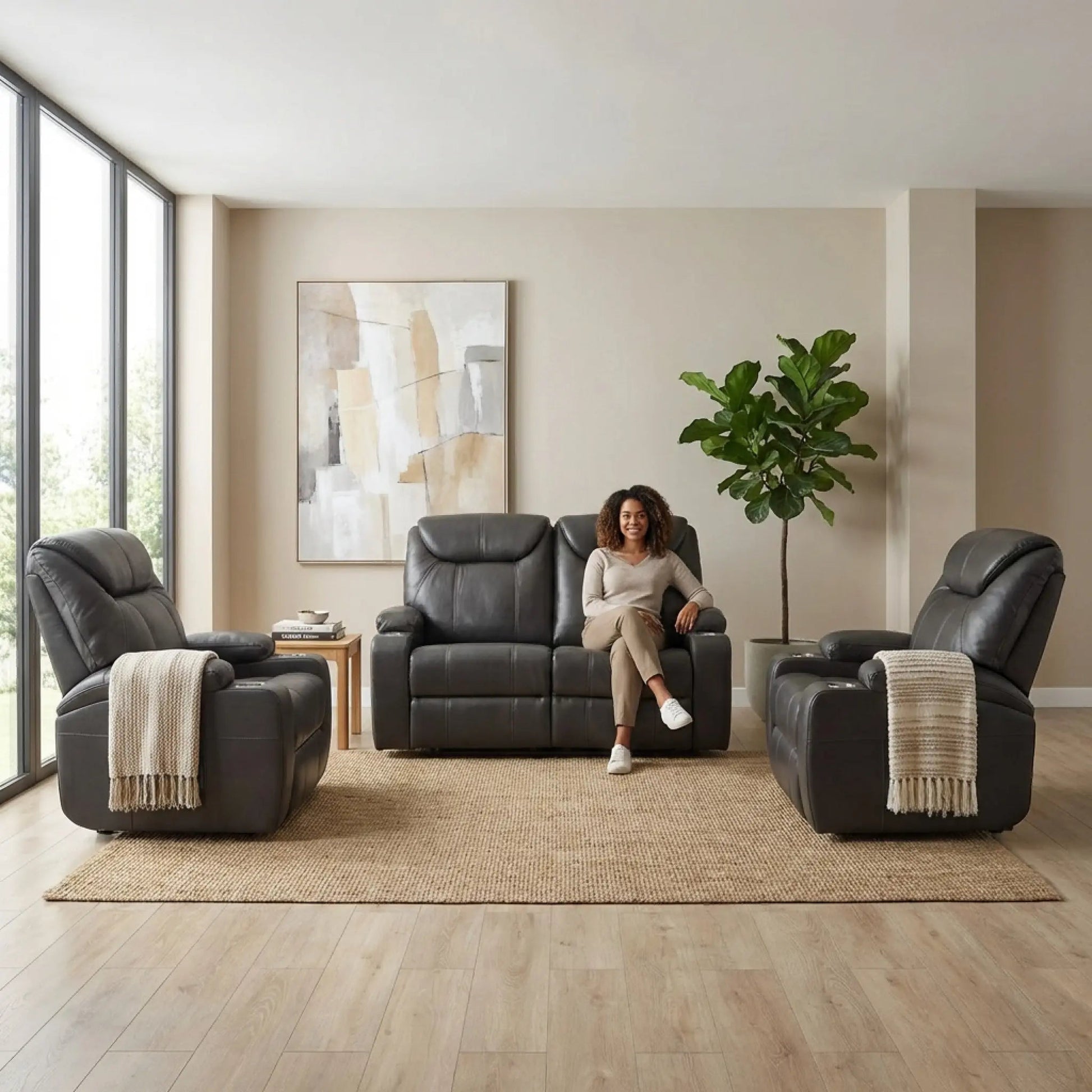 Cinema Grey Electric 2+1+1 Leather Recliner Sofa With Two Cup Holders - Furniture Instore