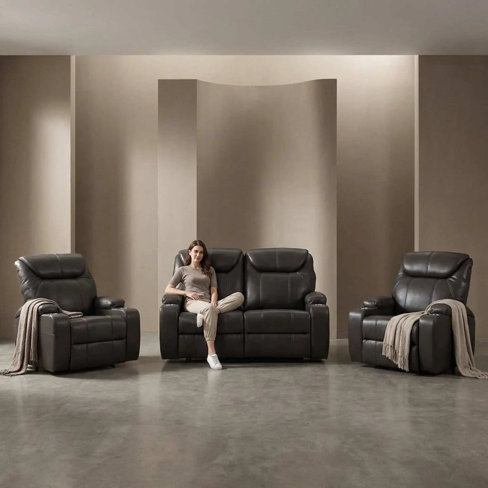 Cinema Grey Electric 2+1+1 Leather Recliner Sofa With Two Cup Holders - Furniture Instore