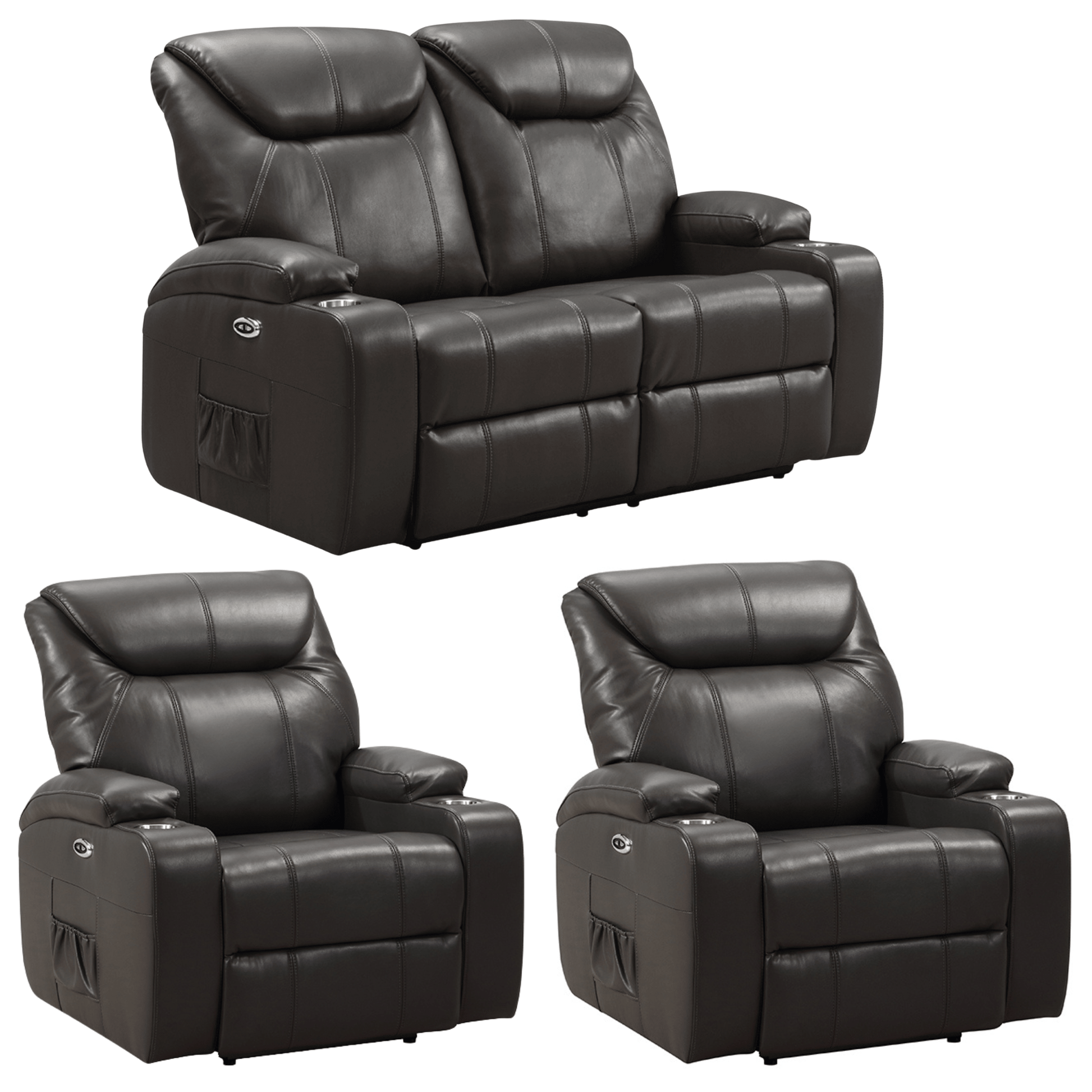 Set of black leather recliner chairs on a white background