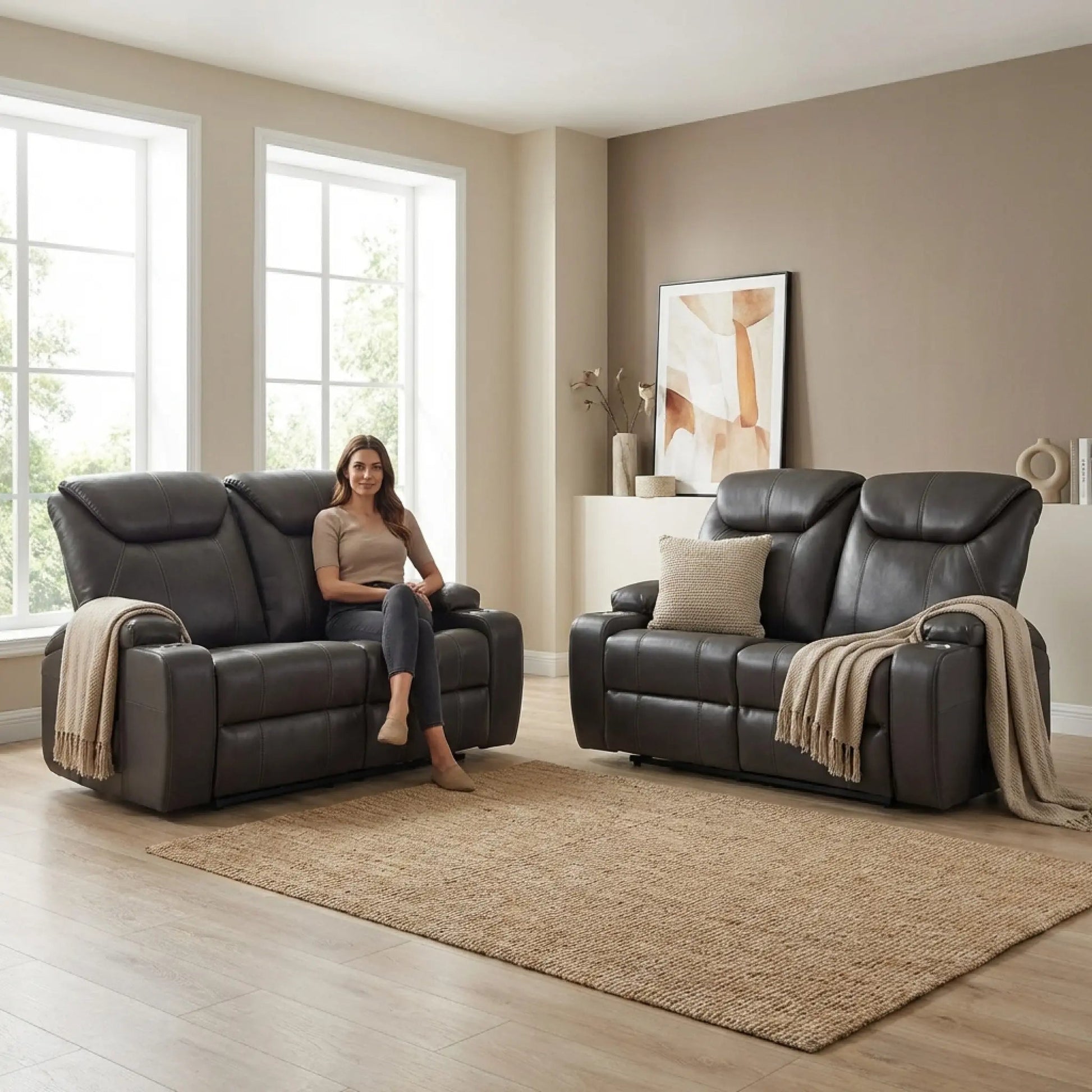 Cinema Grey Electric 2+2 Seater Leather Recliner Sofa Set With Two Cup Holders - Furniture Instore
