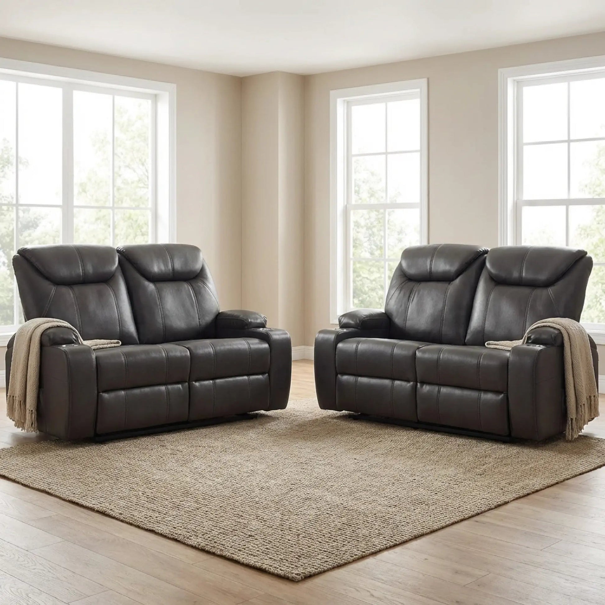Cinema Grey Electric 2+2 Seater Leather Recliner Sofa Set With Two Cup Holders - Furniture Instore