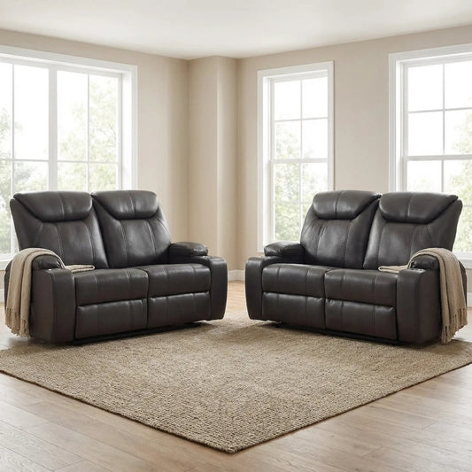 Cinema Grey Electric 2+2 Seater Leather Recliner Sofa Set With Two Cup Holders - Furniture Instore