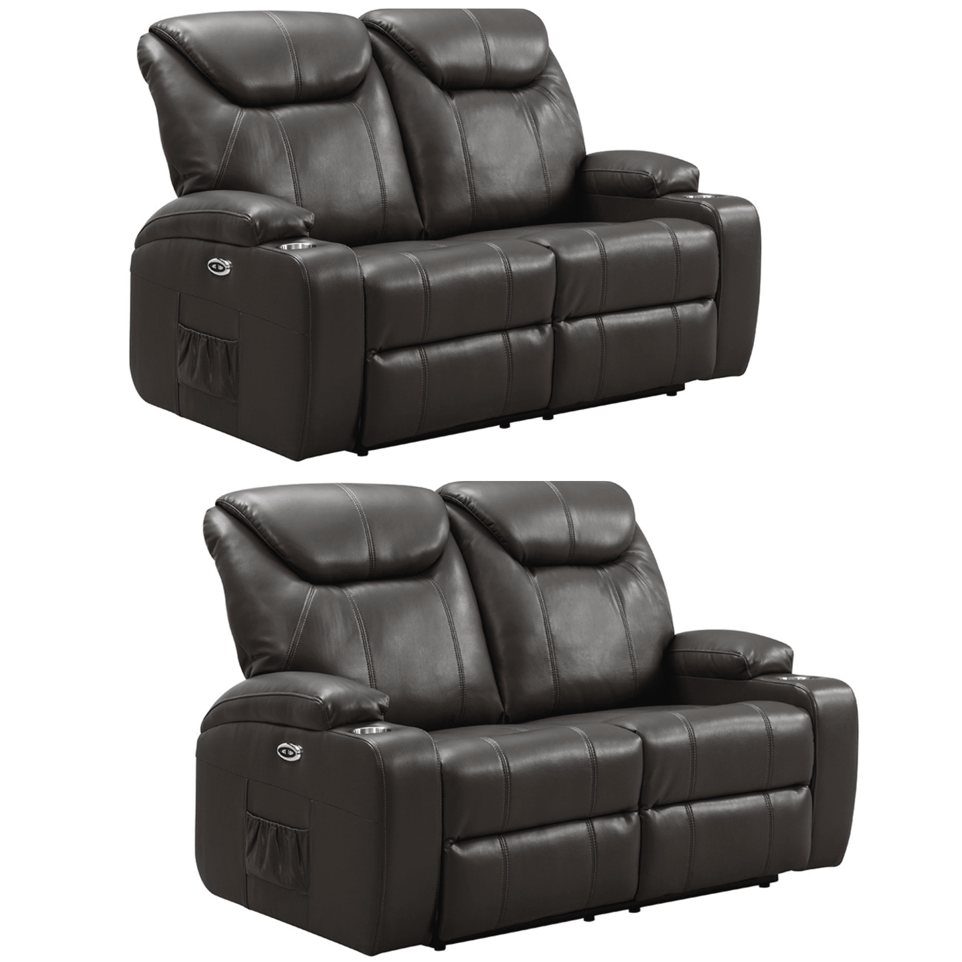 Two black leather recliner sofas on a white background