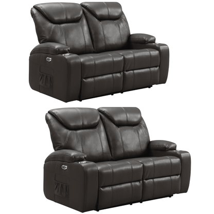 Two black leather recliner sofas on a white background