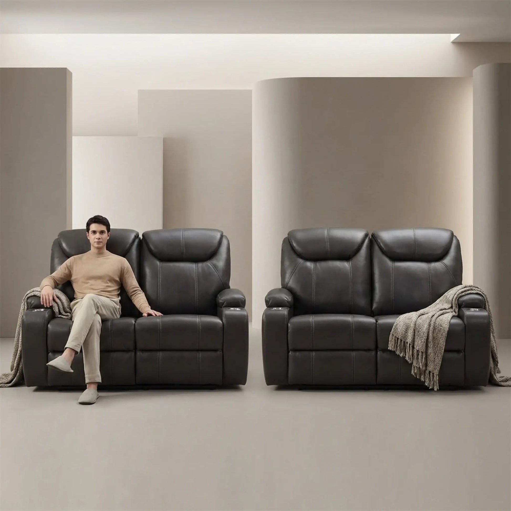Cinema Grey Electric 2+2 Seater Leather Recliner Sofa Set With Two Cup Holders - Furniture Instore