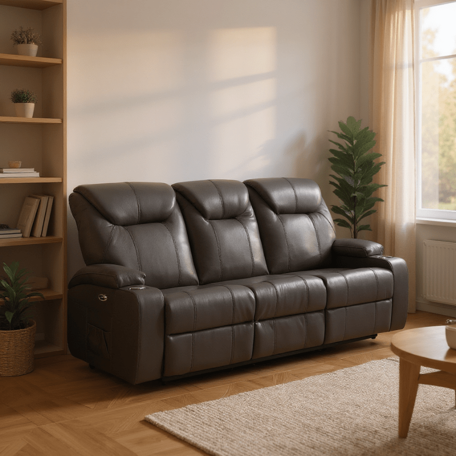 Cinema Grey Leather 3+1+1 Electric Recliner Sofa Set With Two Cup Holders - Furniture Instore