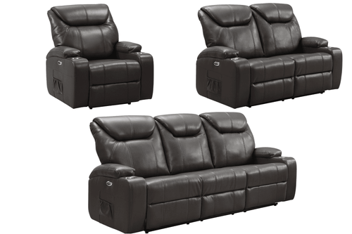 Cinema Grey Electric Leather 3+2+1 Recliner Sofa Set With Two Cup Holders