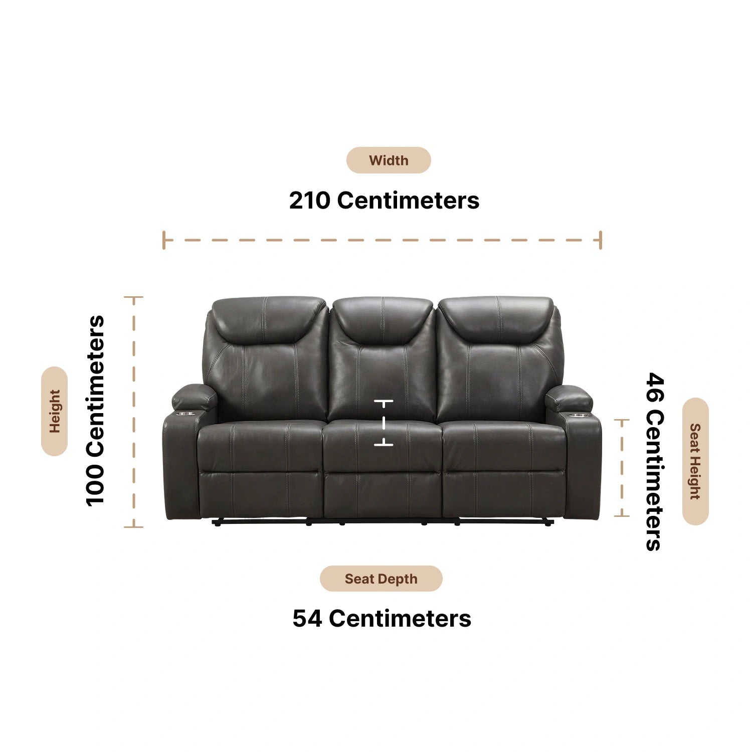 Cinema Grey Electric Leather 3 Seater Recliner Sofa With Two Cup Holders Dimensions