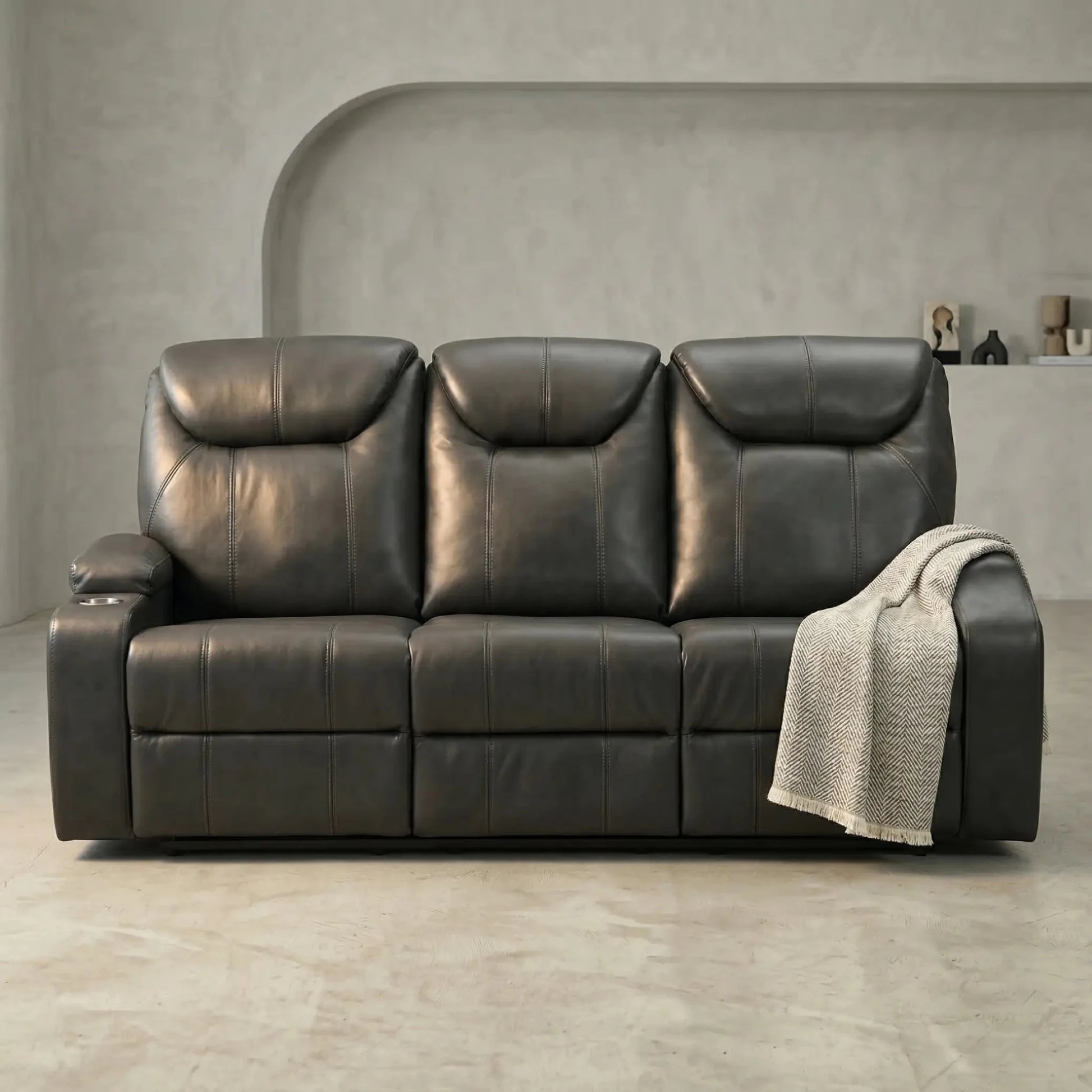 Cinema Grey Electric Leather 3 Seater Recliner Sofa With Two Cup Holders - Furniture Instore