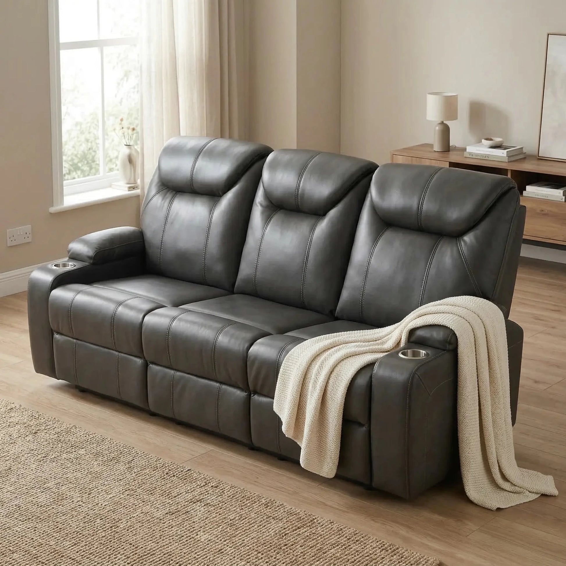 Cinema Grey Electric Leather 3 Seater Recliner Sofa With Two Cup Holders - Furniture Instore