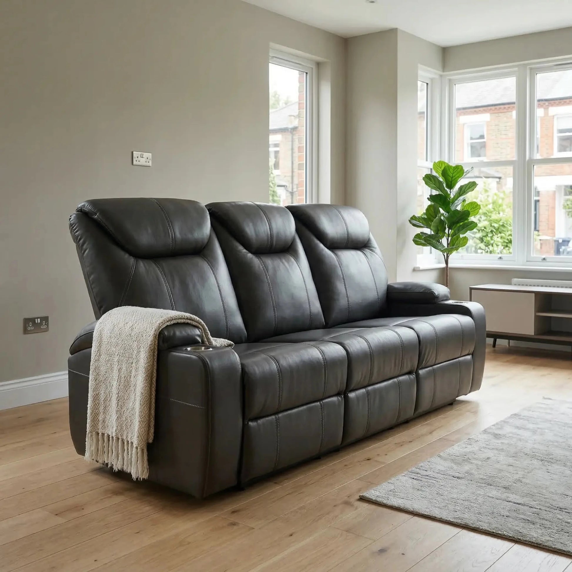 Cinema Grey Electric Leather 3 Seater Recliner Sofa With Two Cup Holders - Furniture Instore